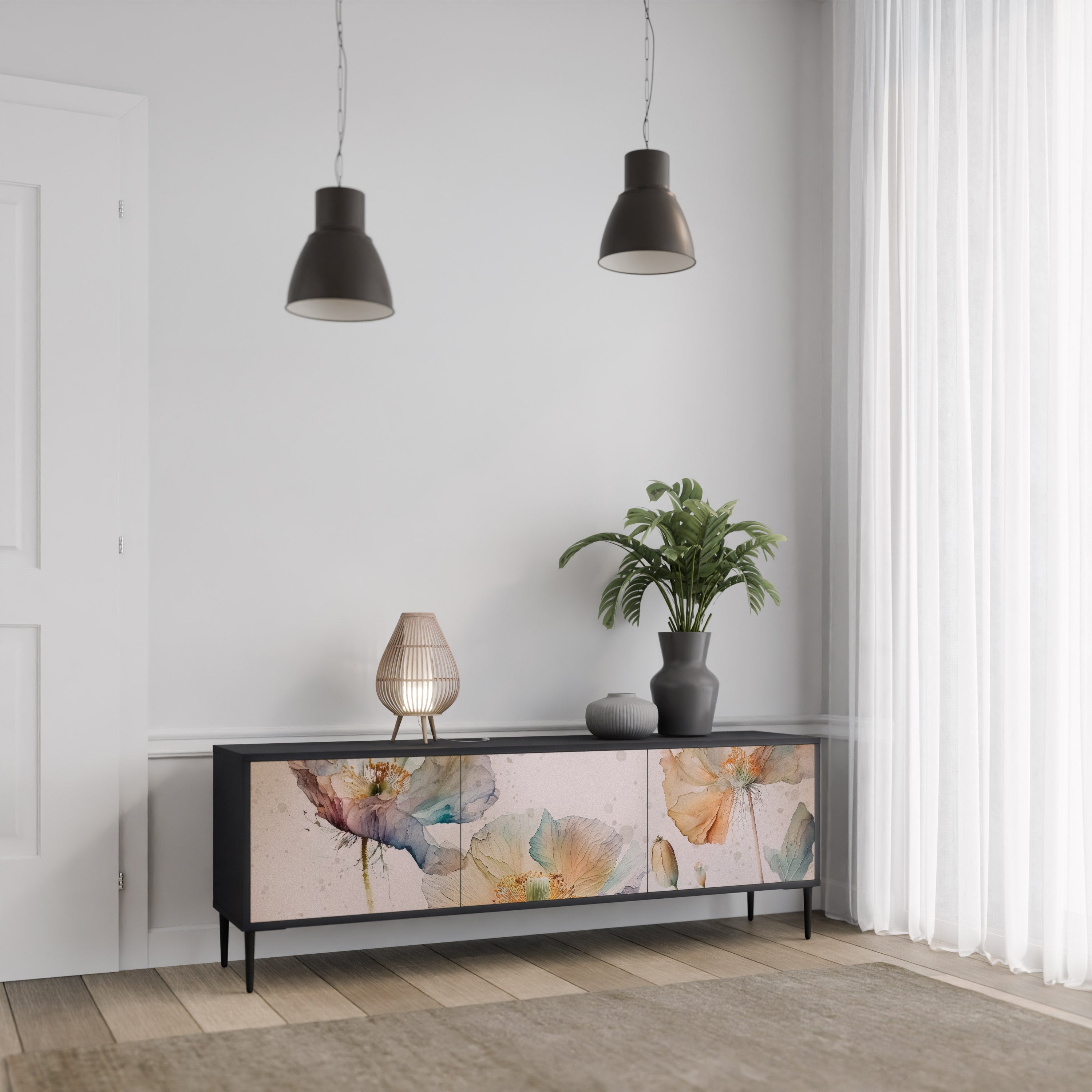 SOFTEN POPPY 3-Door TV Stand in Black Finish