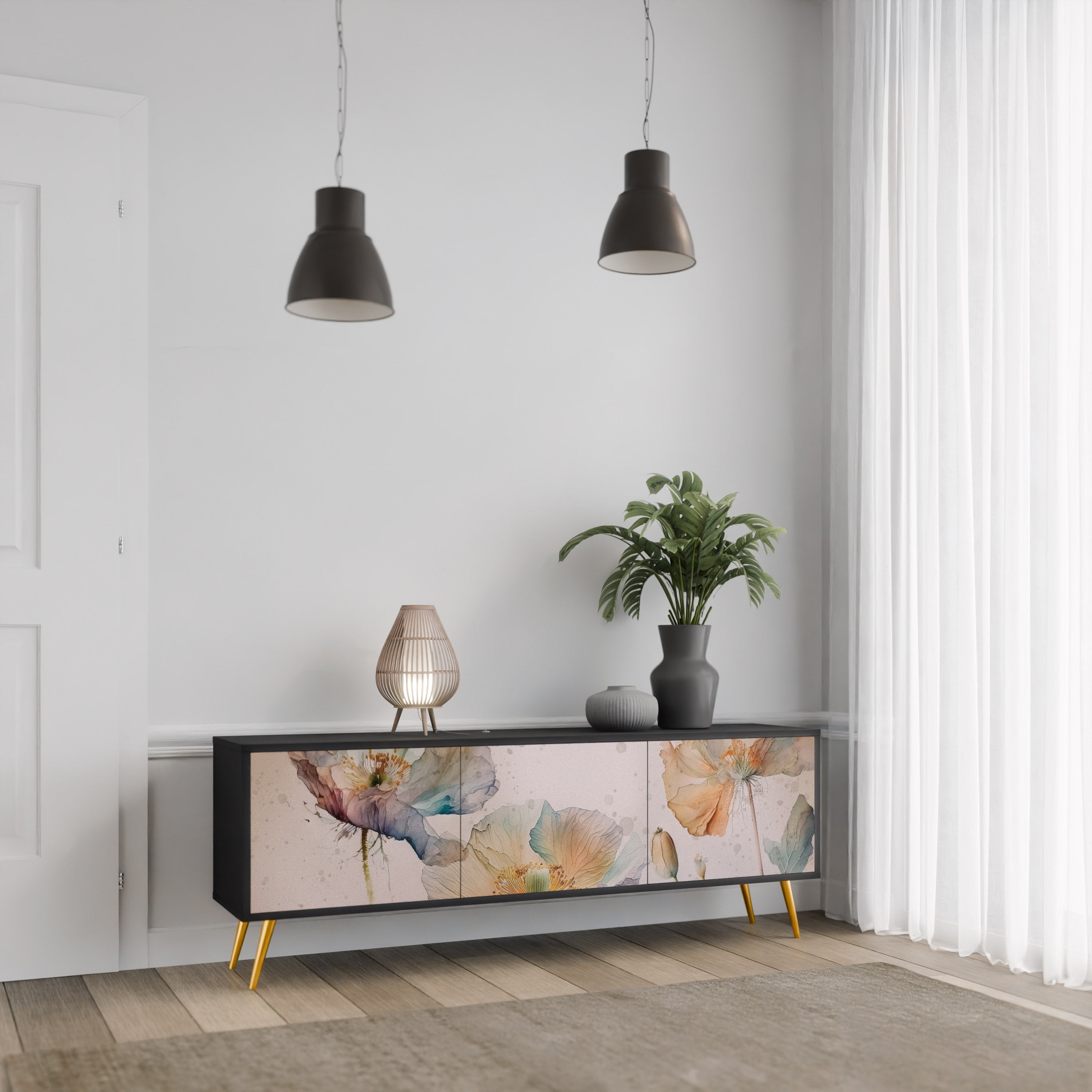 SOFTEN POPPY 3-Door TV Stand in Black Finish