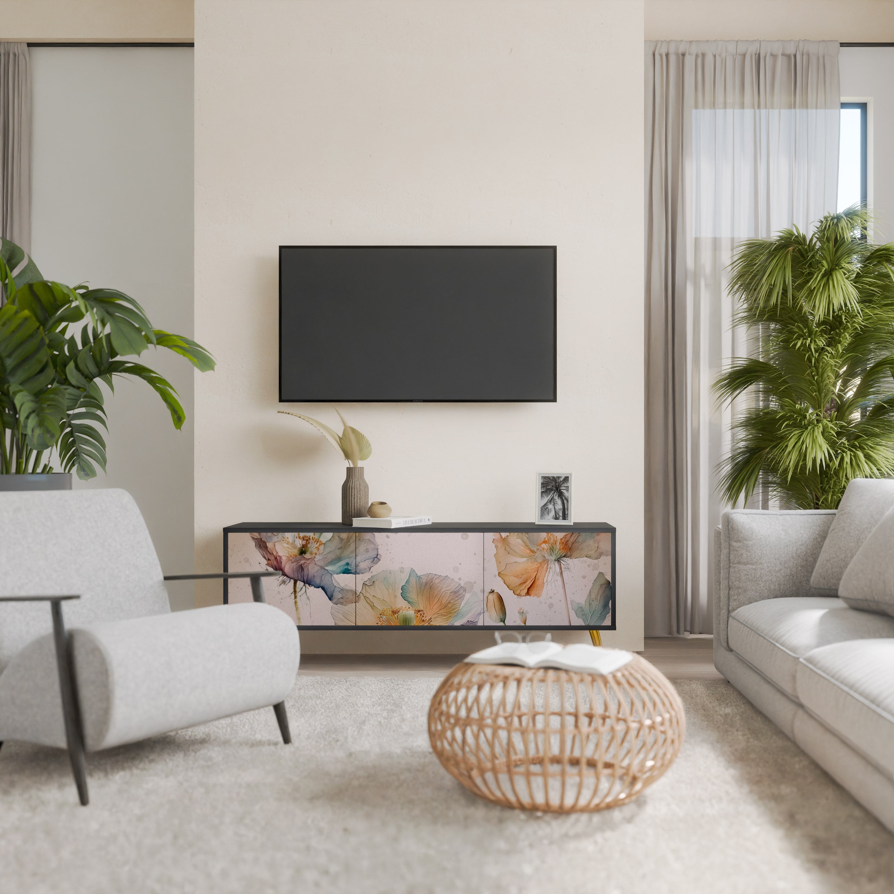 SOFTEN POPPY 3-Door TV Stand in Black Finish