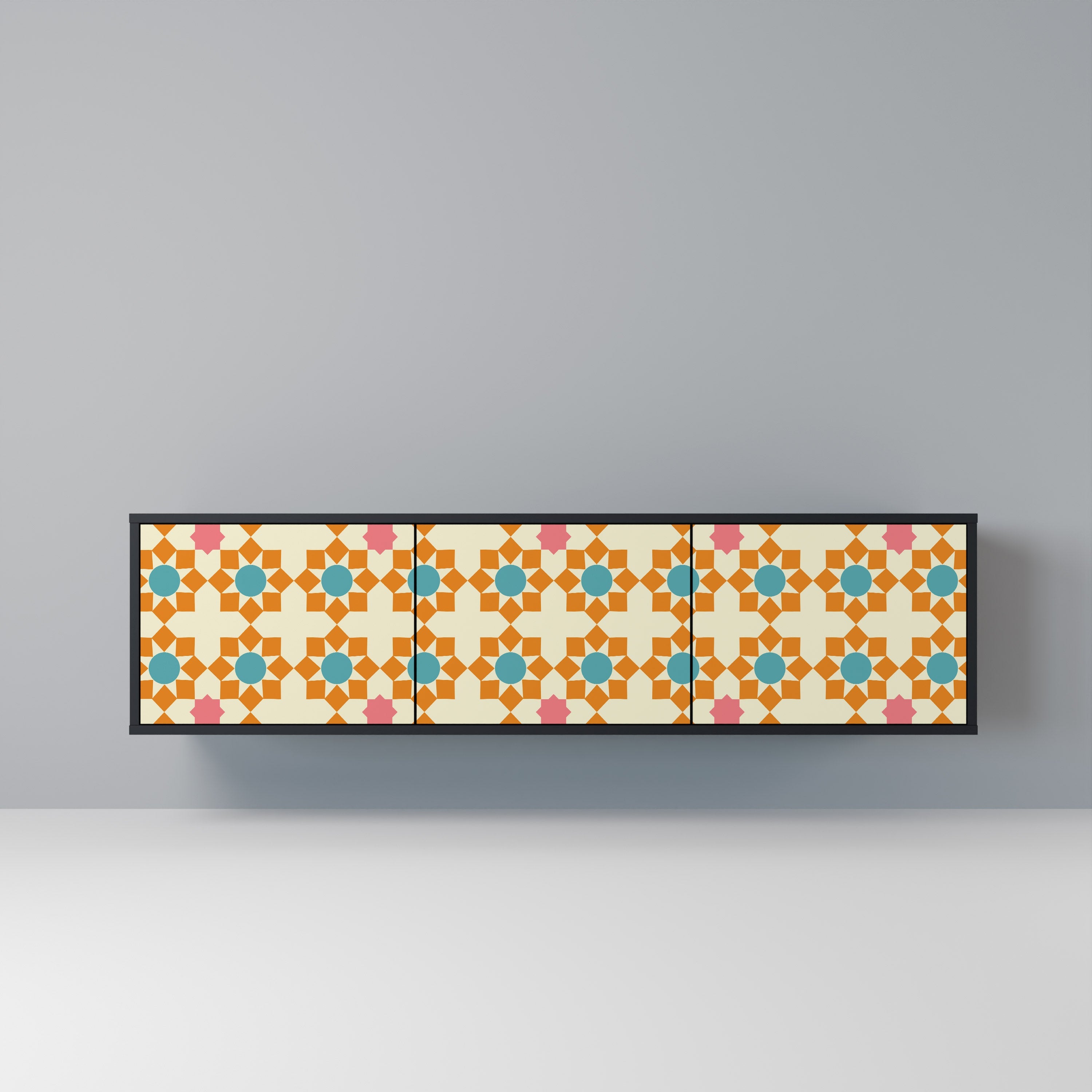 FLORAL DECOR 3-Door TV Stand in Black Finish