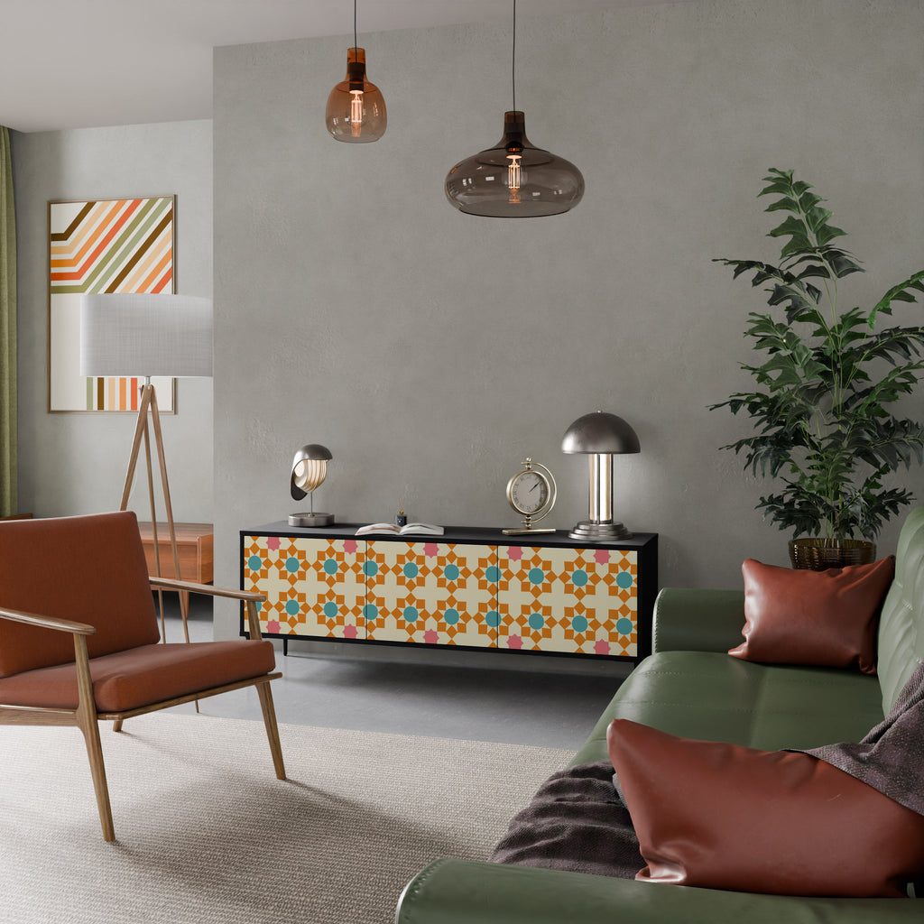 FLORAL DECOR 3-Door TV Stand in Black Finish