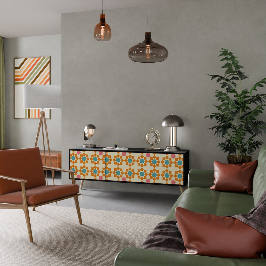 FLORAL DECOR 3-Door TV Stand in Black Finish