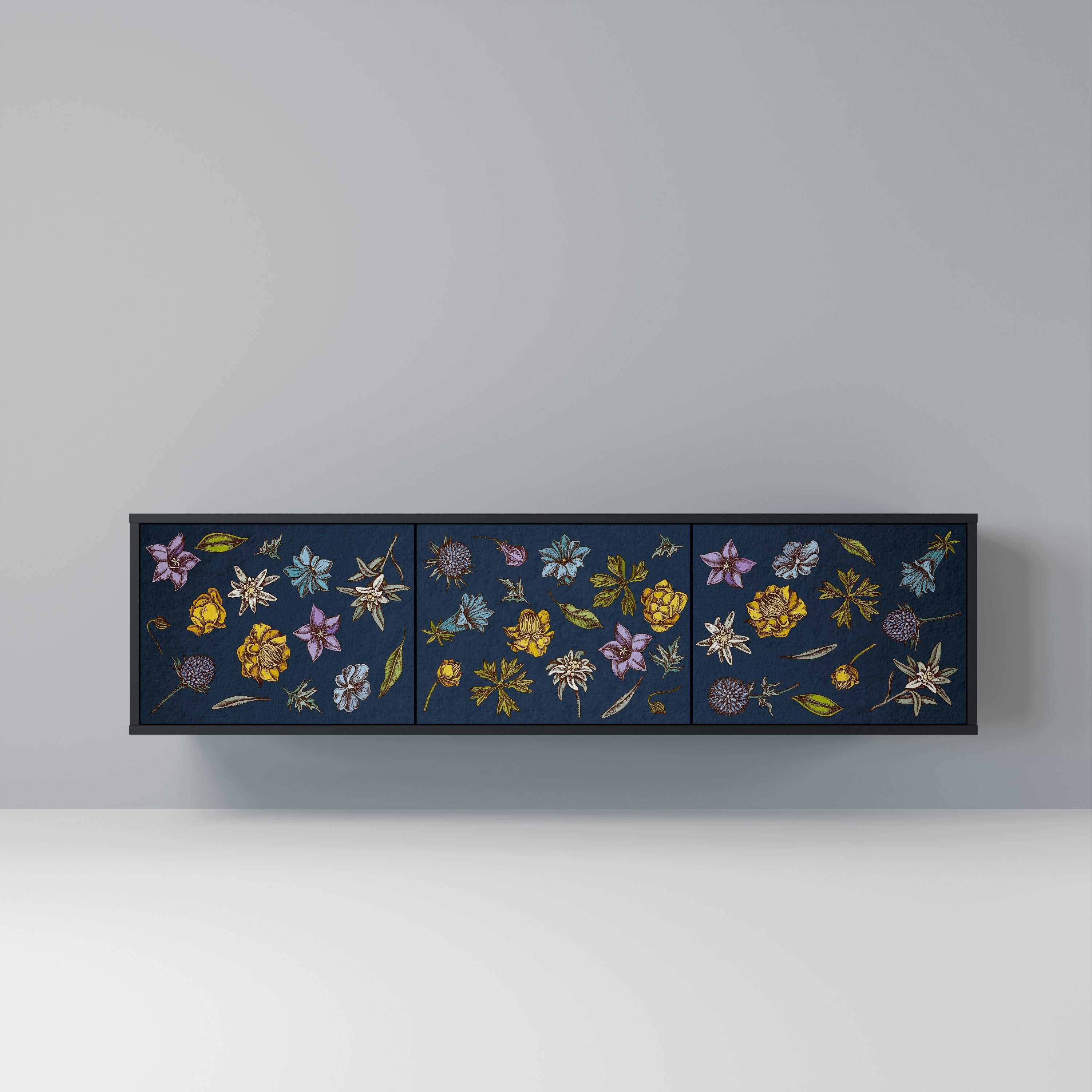 FLOWERS ON NAVY BLUE 3-Door TV Stand in Black Finish
