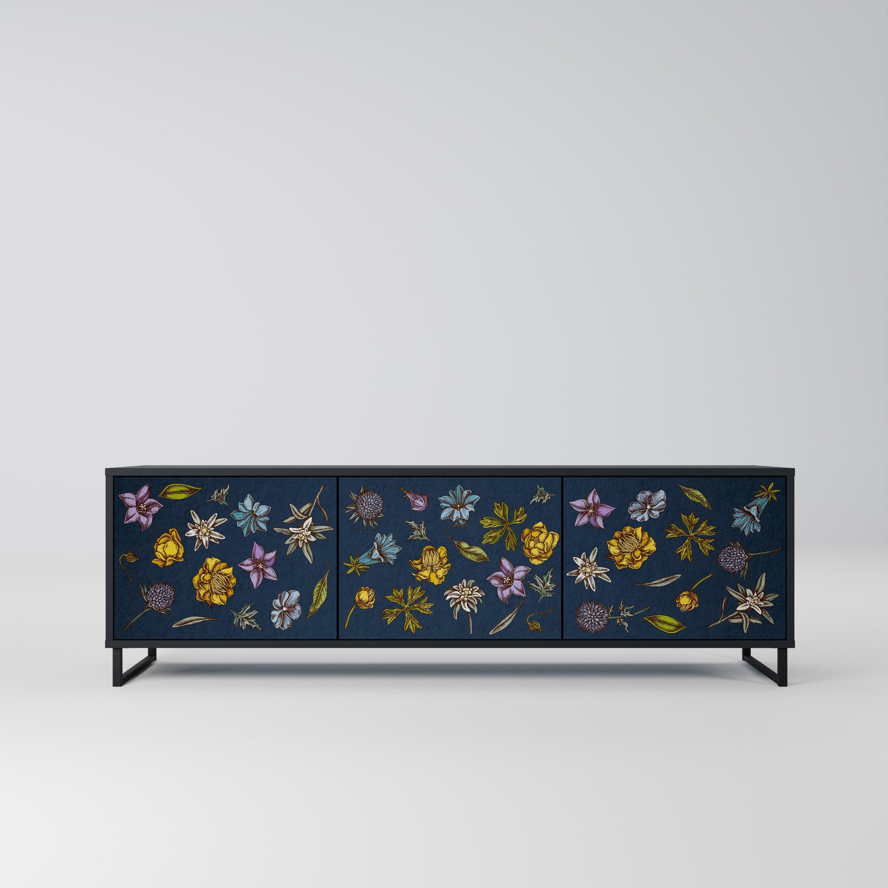 FLOWERS ON NAVY BLUE 3-Door TV Stand in Black Finish