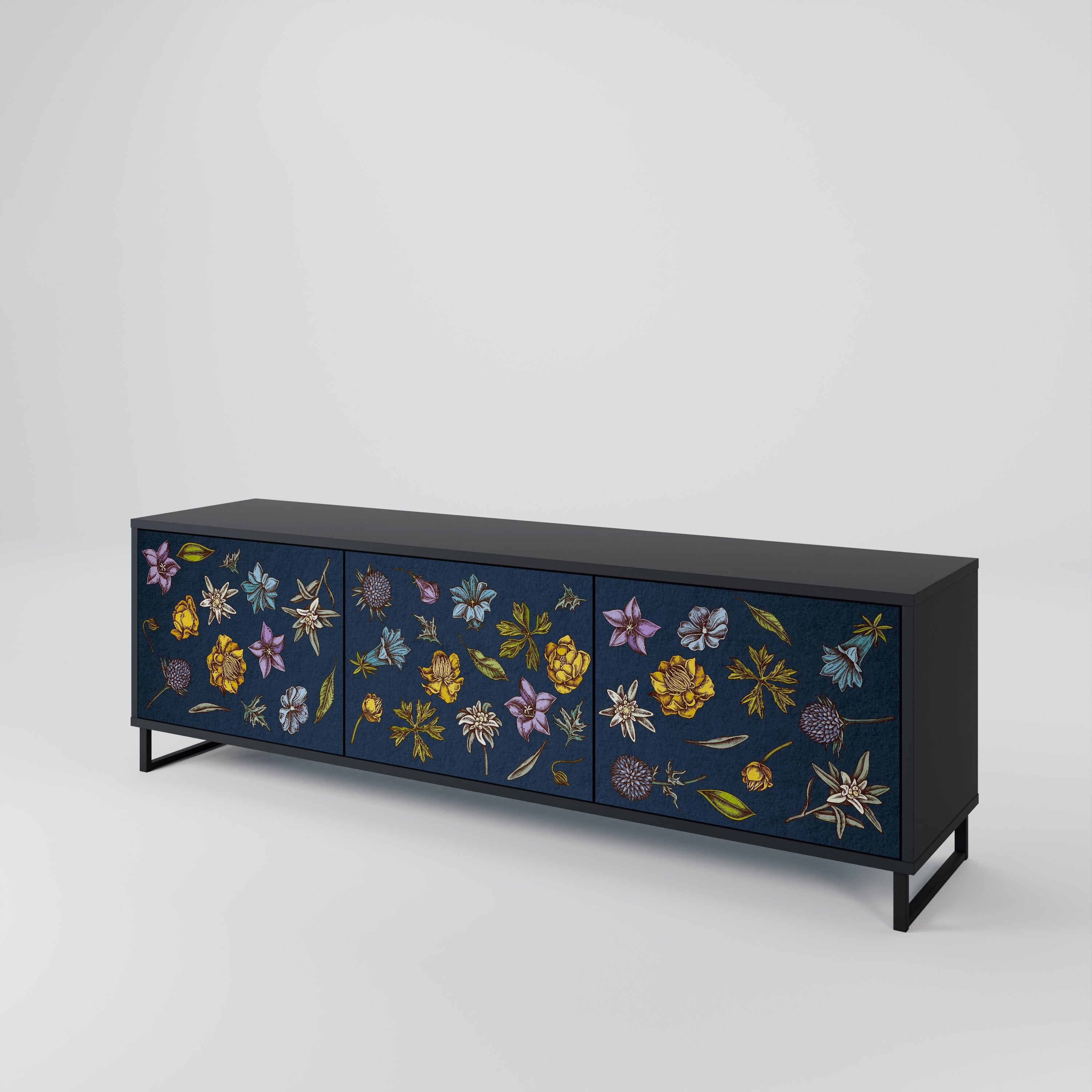 FLOWERS ON NAVY BLUE Móvel de TV com 3 Portas em Acabamento Preto