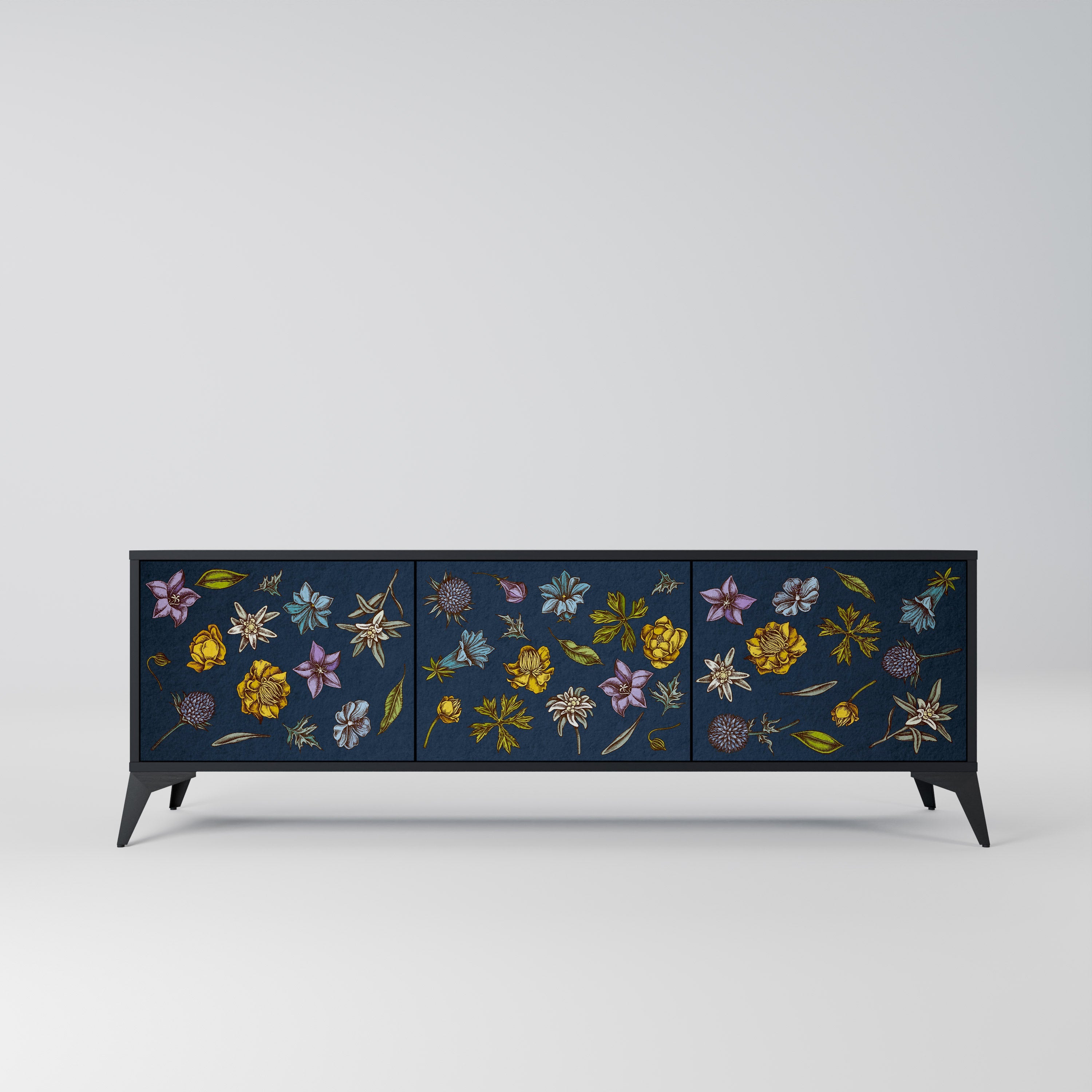 FLOWERS ON NAVY BLUE 3-Door TV Stand in Black Finish