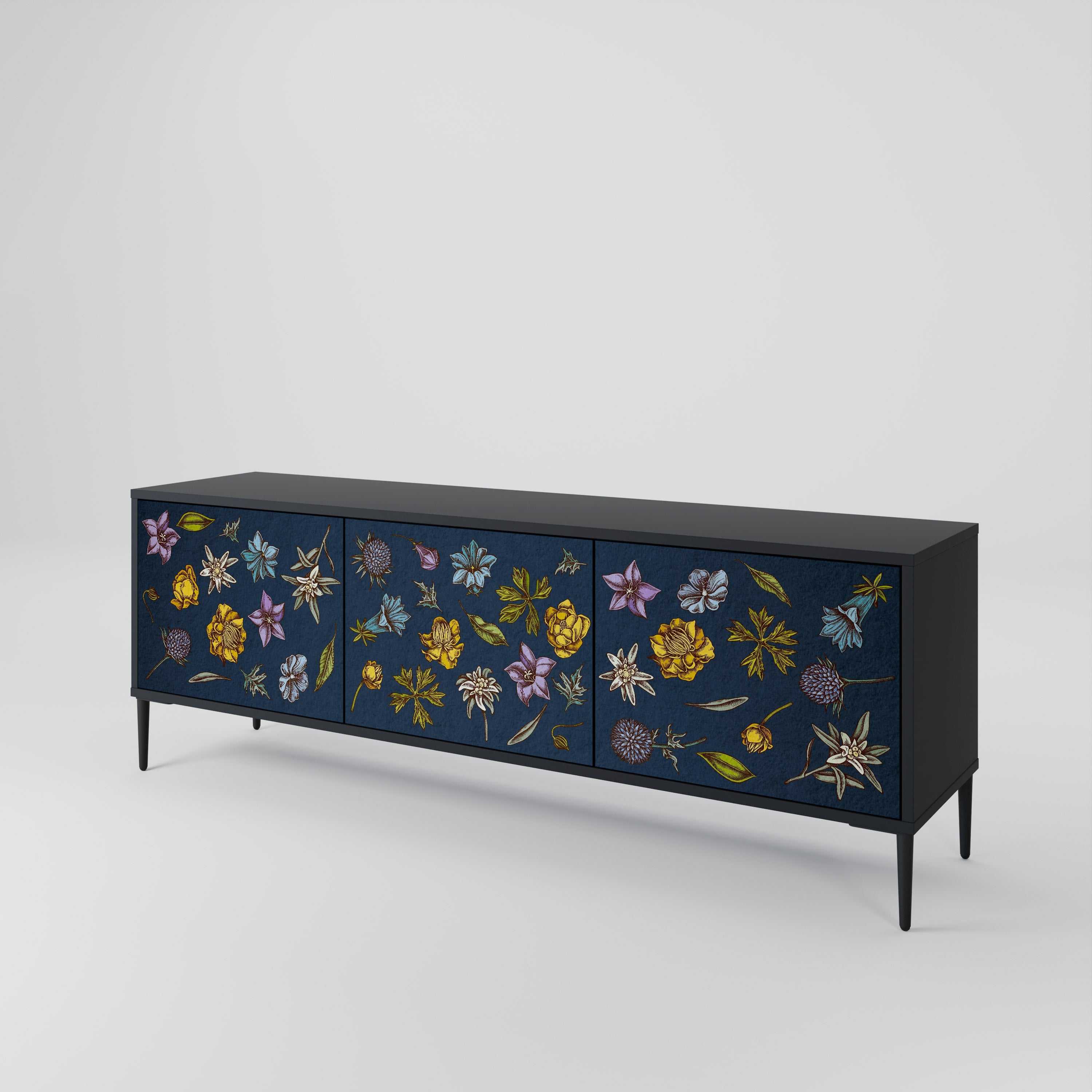 FLOWERS ON NAVY BLUE 3-Door TV Stand in Black Finish