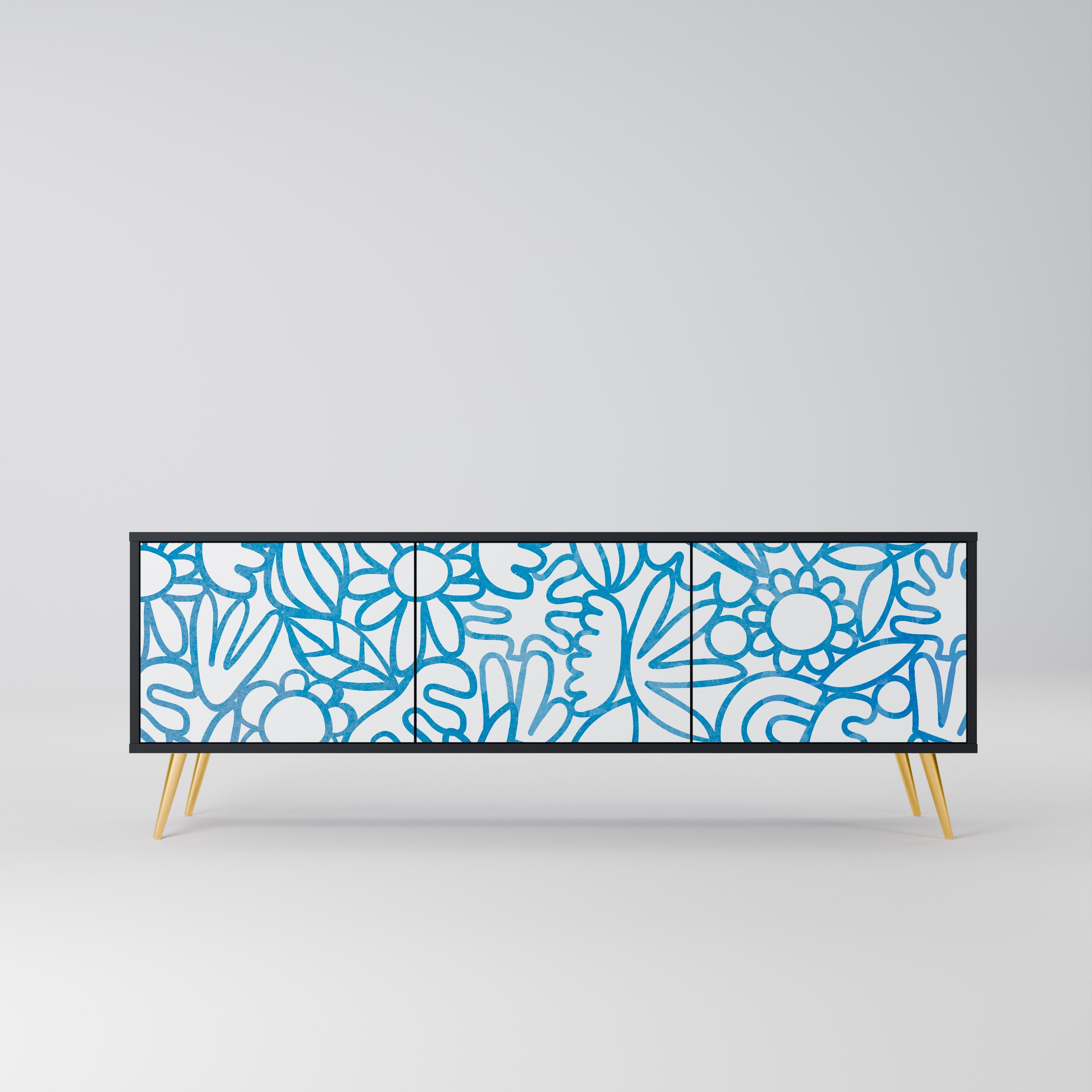 BLOOMY MORNING 3-Door TV Stand in Black Finish