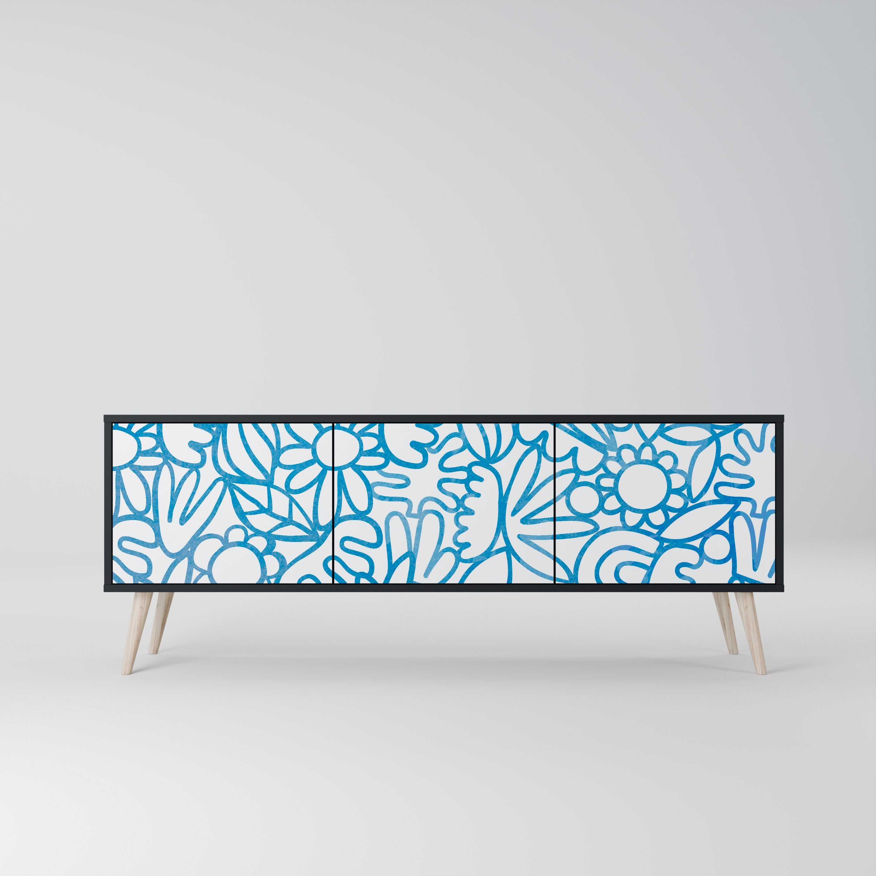 BLOOMY MORNING 3-Door TV Stand in Black Finish