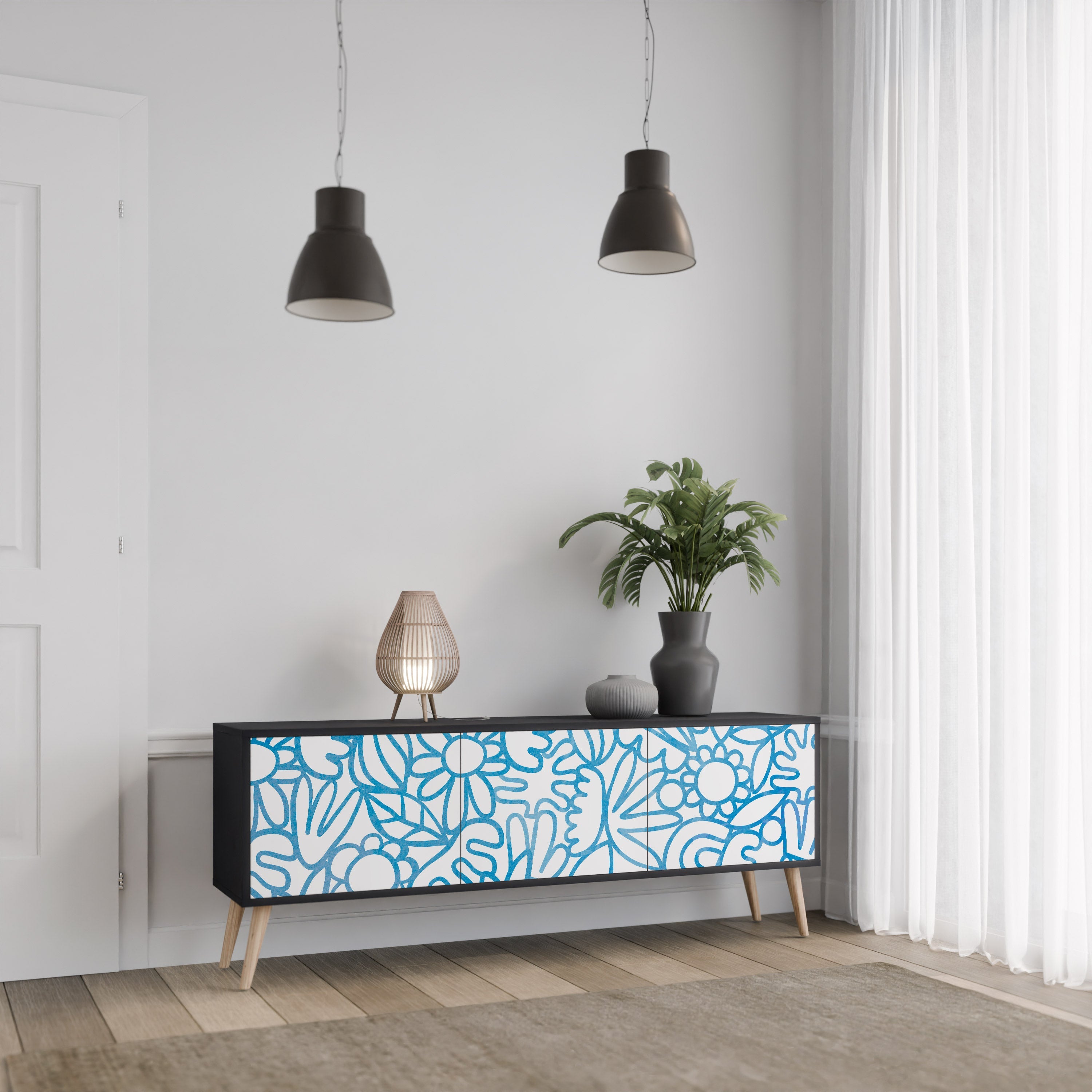 BLOOMY MORNING 3-Door TV Stand in Black Finish