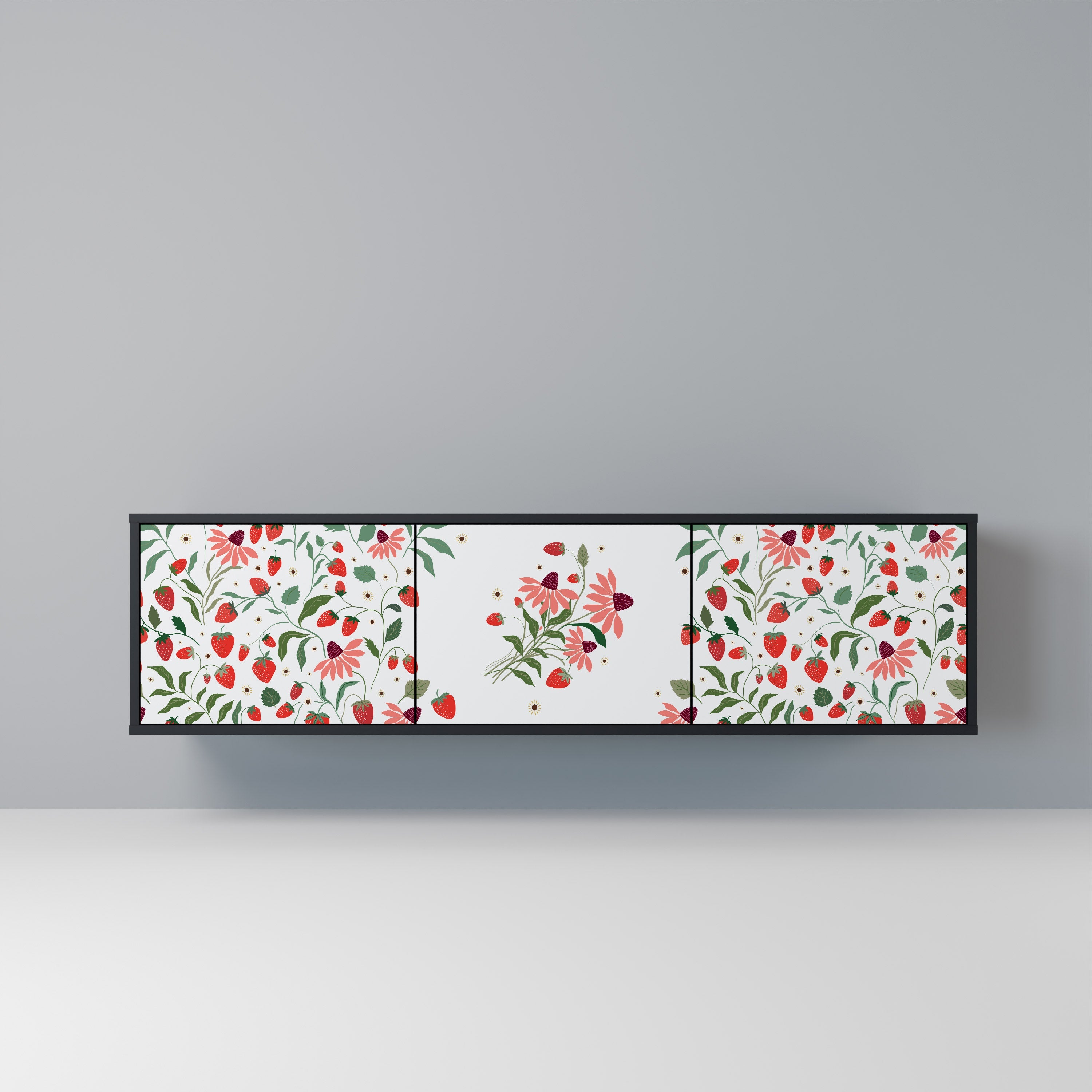 FLOWERS AND STRAWBERRIES 3-Door TV Stand in Black Finish