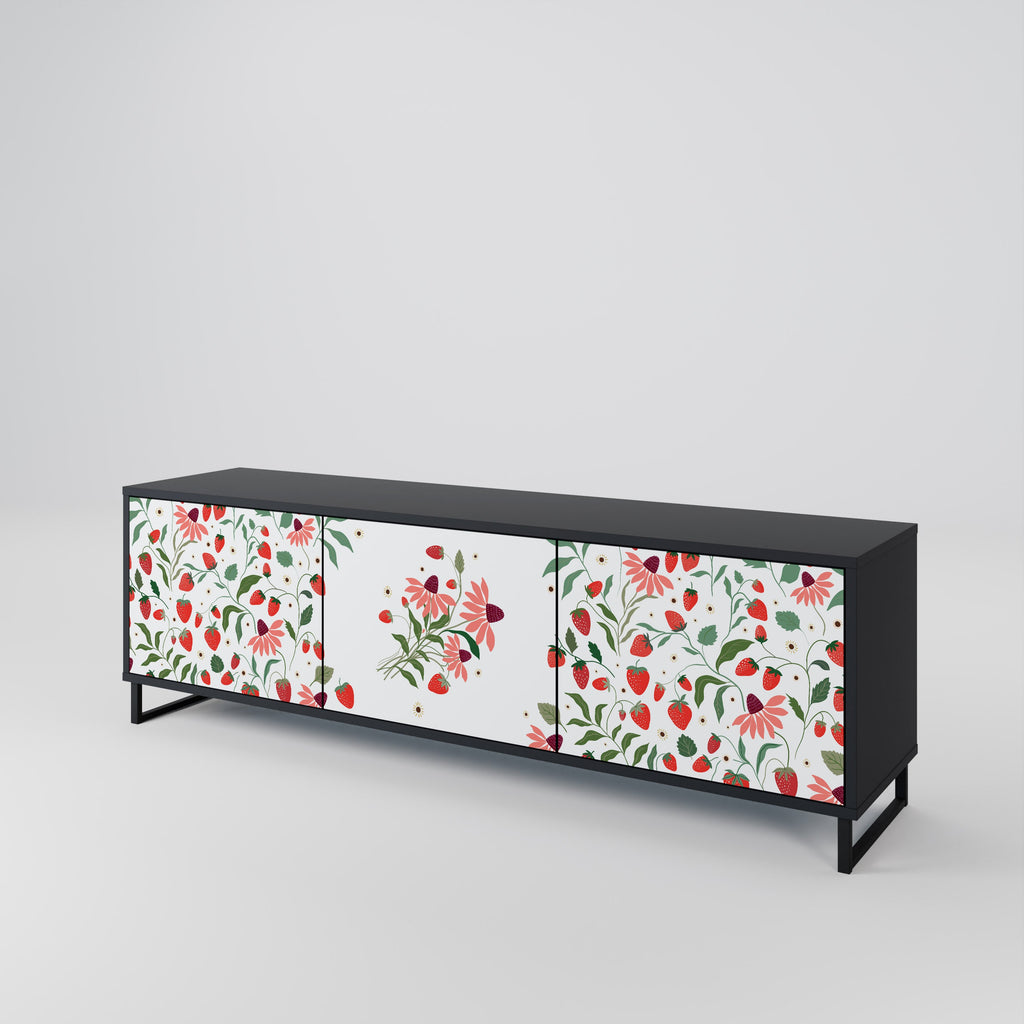 FLOWERS AND STRAWBERRIES 3-Door TV Stand in Black Finish