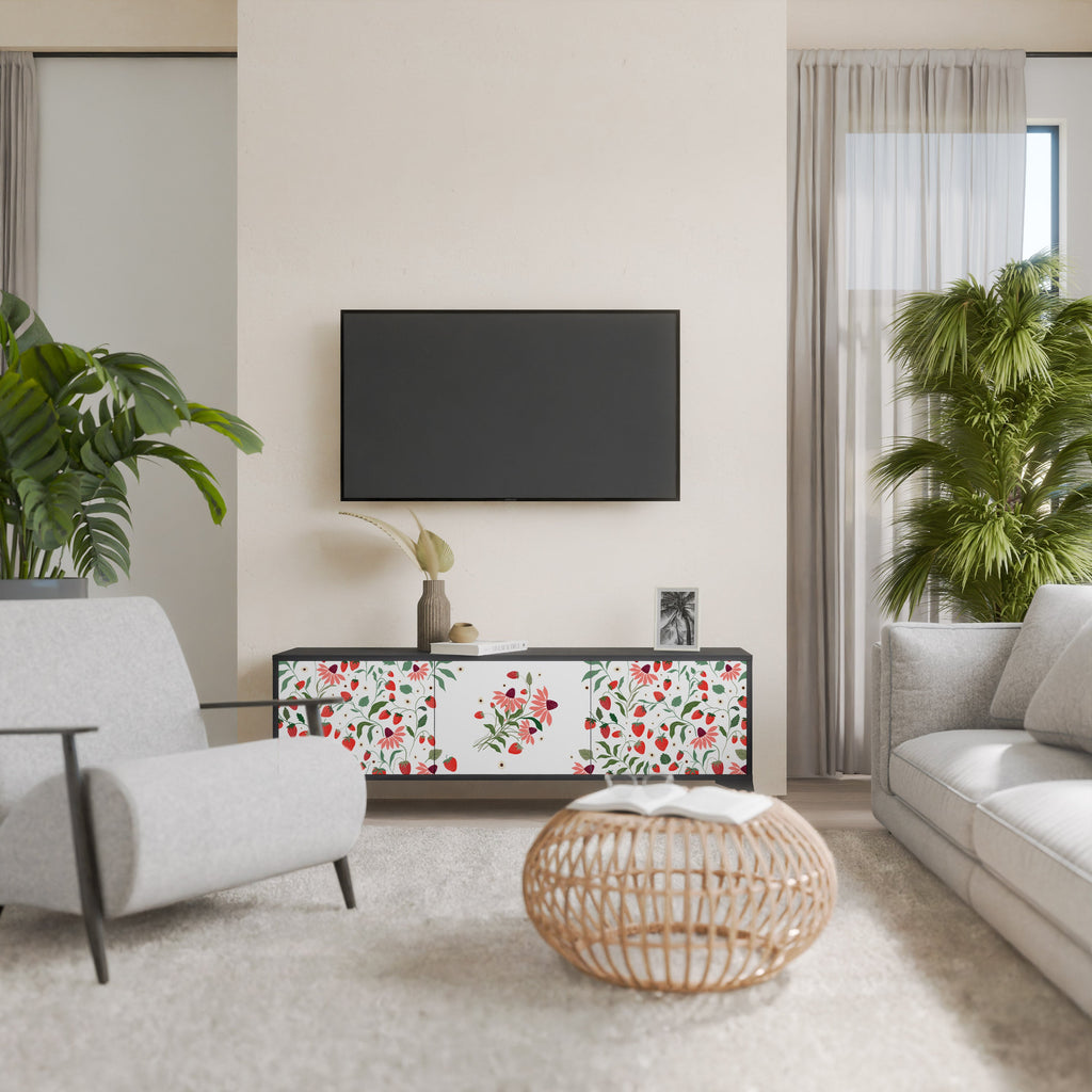 FLOWERS AND STRAWBERRIES 3-Door TV Stand in Black Finish