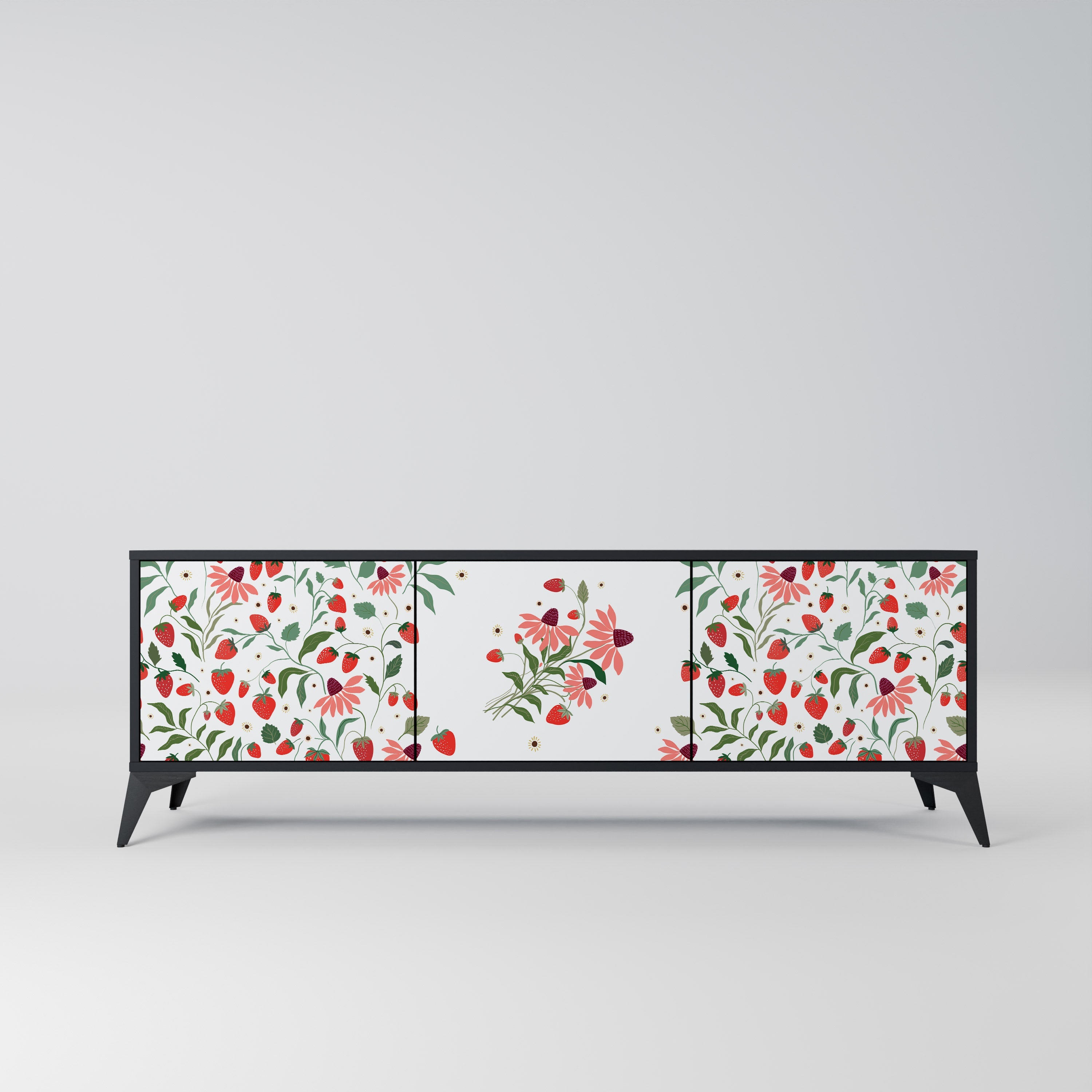 FLOWERS AND STRAWBERRIES 3-Door TV Stand in Black Finish