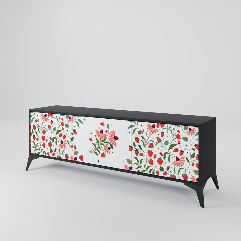 FLOWERS AND STRAWBERRIES 3-Door TV Stand in Black Finish