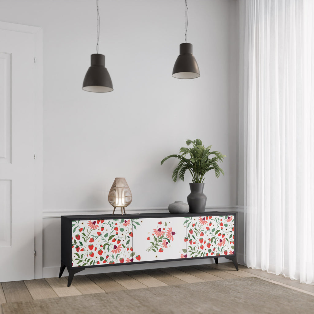 FLOWERS AND STRAWBERRIES 3-Door TV Stand in Black Finish