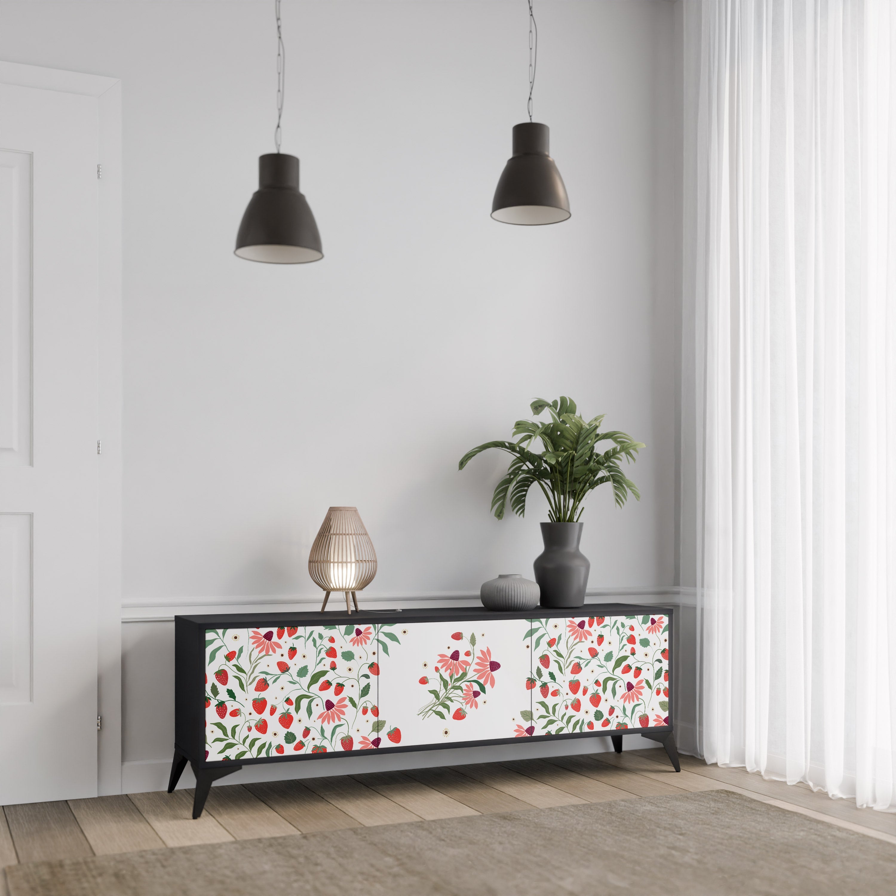 FLOWERS AND STRAWBERRIES 3-Door TV Stand in Black Finish