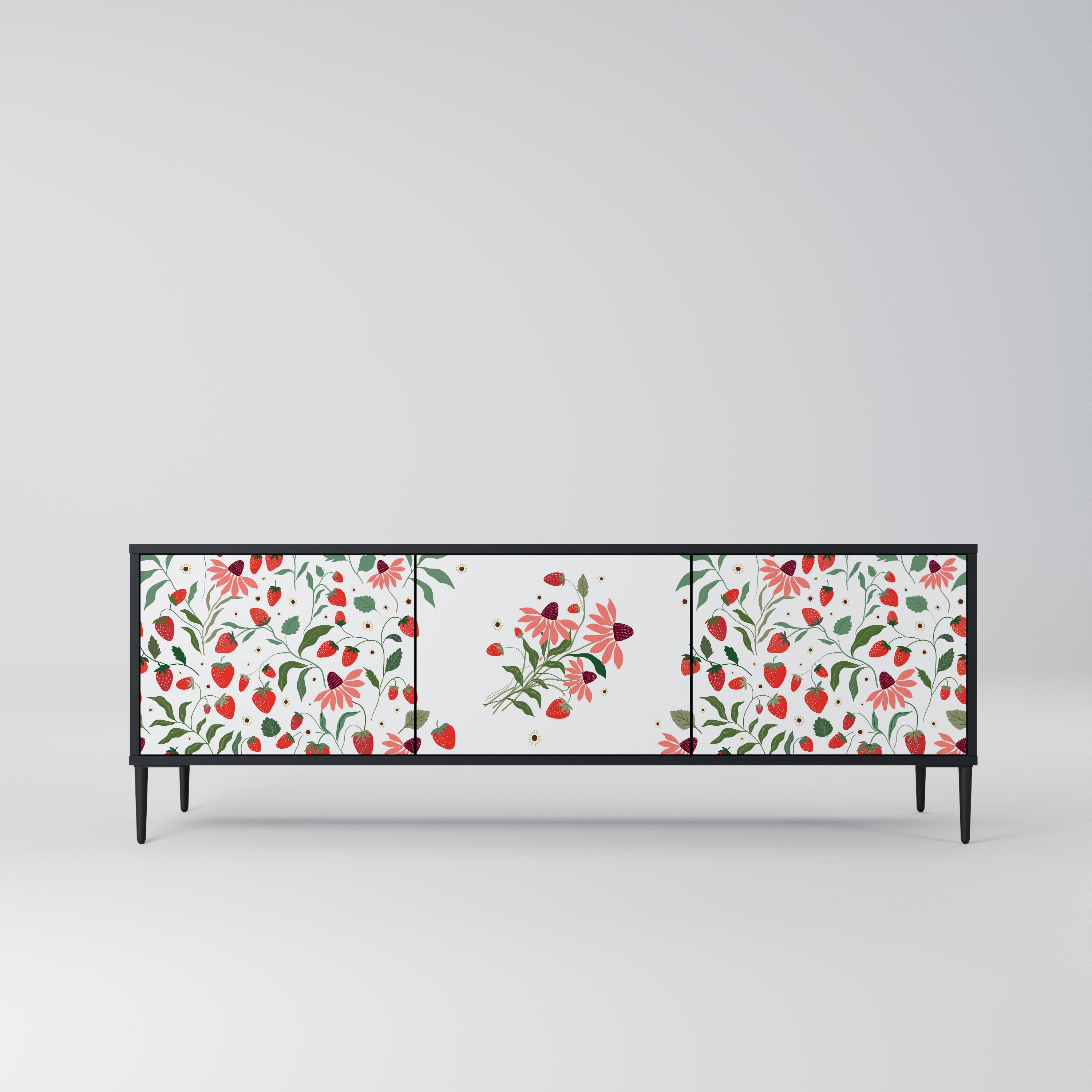 FLOWERS AND STRAWBERRIES 3-Door TV Stand in Black Finish