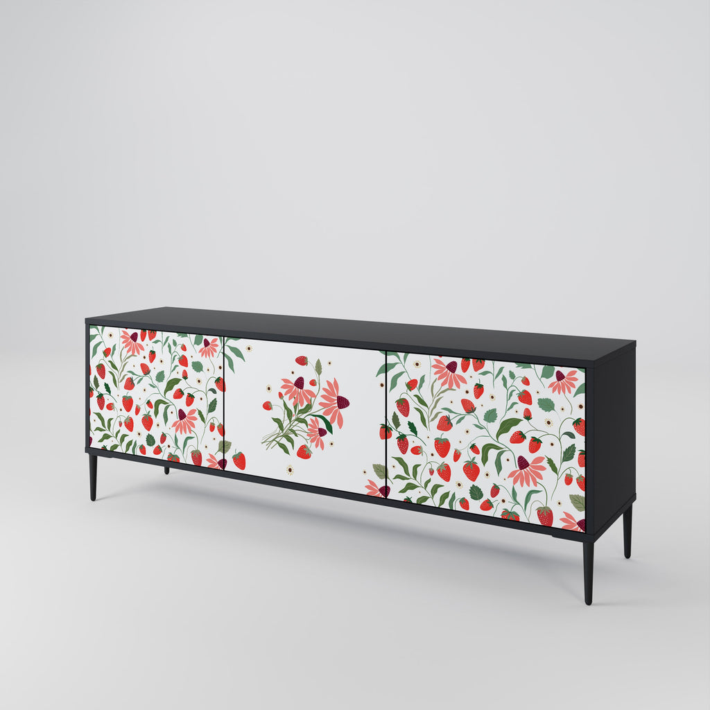 FLOWERS AND STRAWBERRIES 3-Door TV Stand in Black Finish
