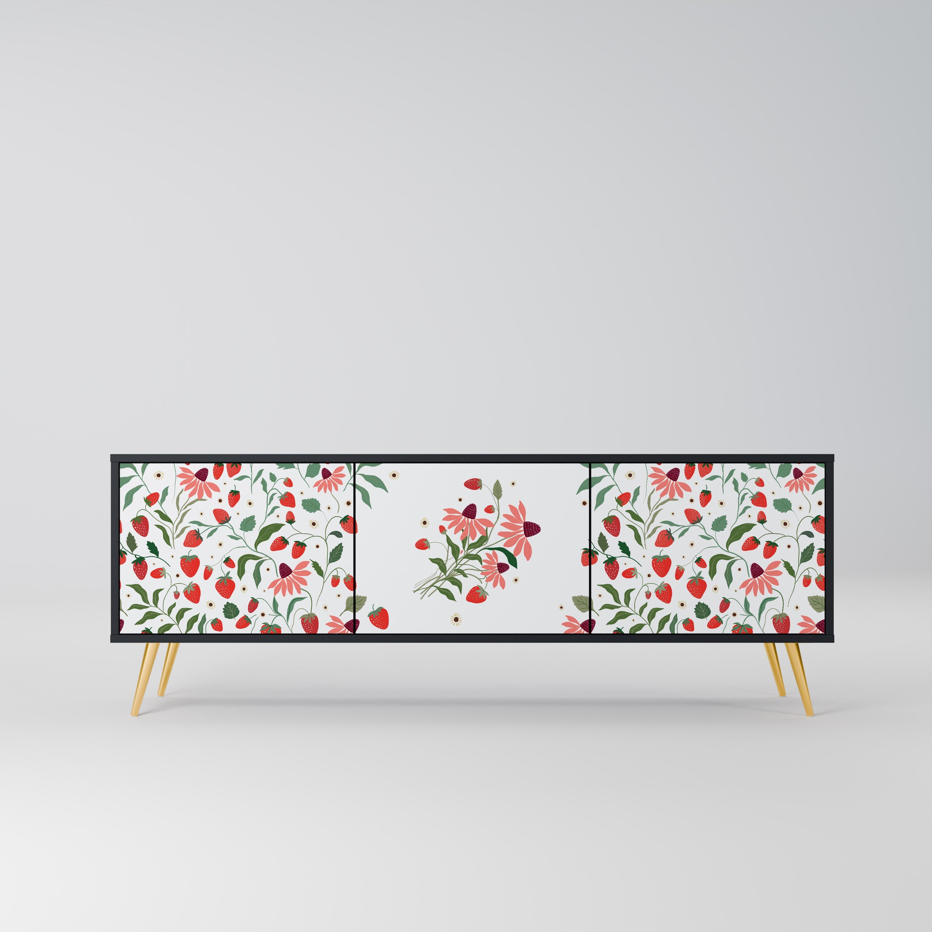 FLOWERS AND STRAWBERRIES 3-Door TV Stand in Black Finish
