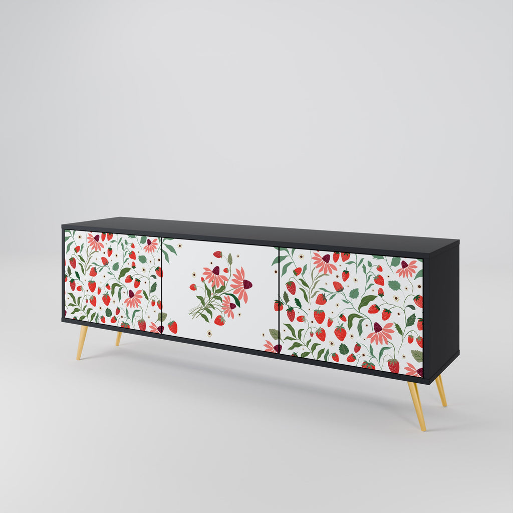 FLOWERS AND STRAWBERRIES 3-Door TV Stand in Black Finish
