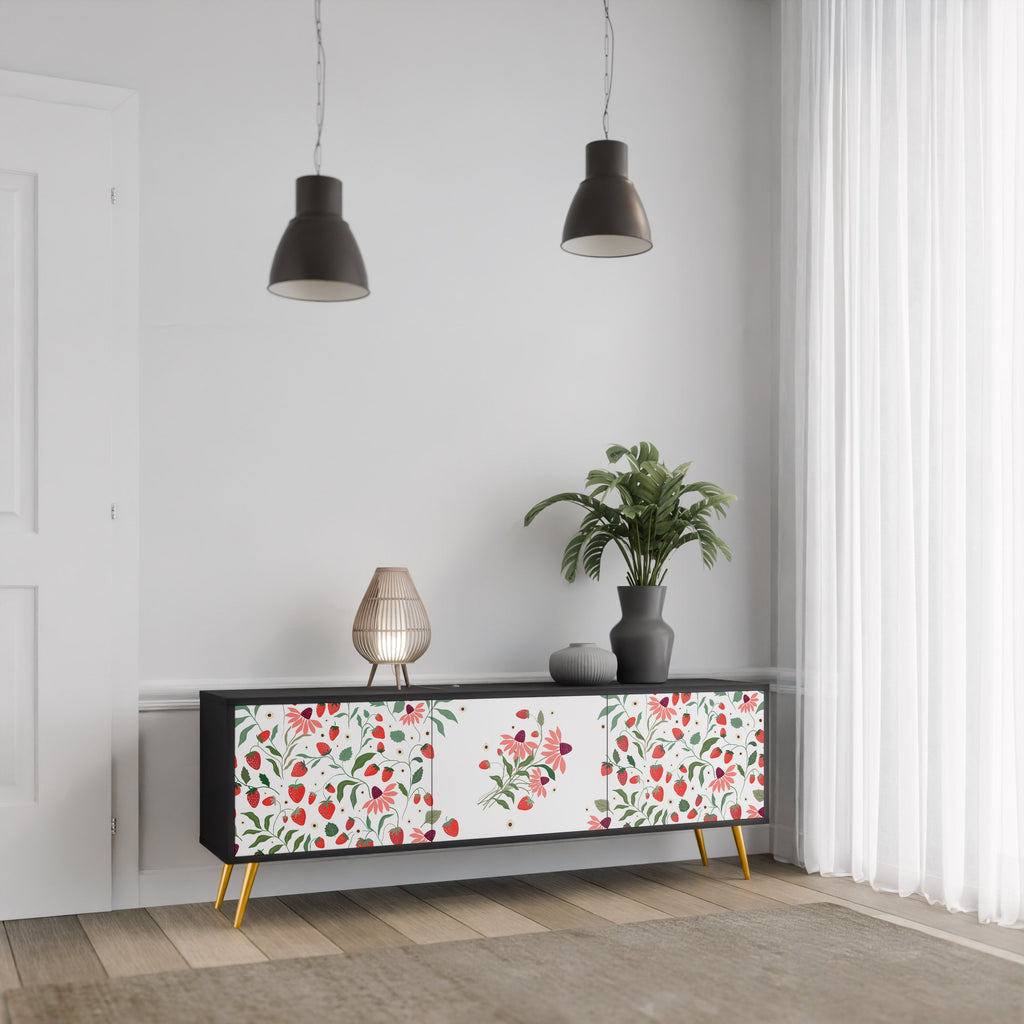 FLOWERS AND STRAWBERRIES 3-Door TV Stand in Black Finish