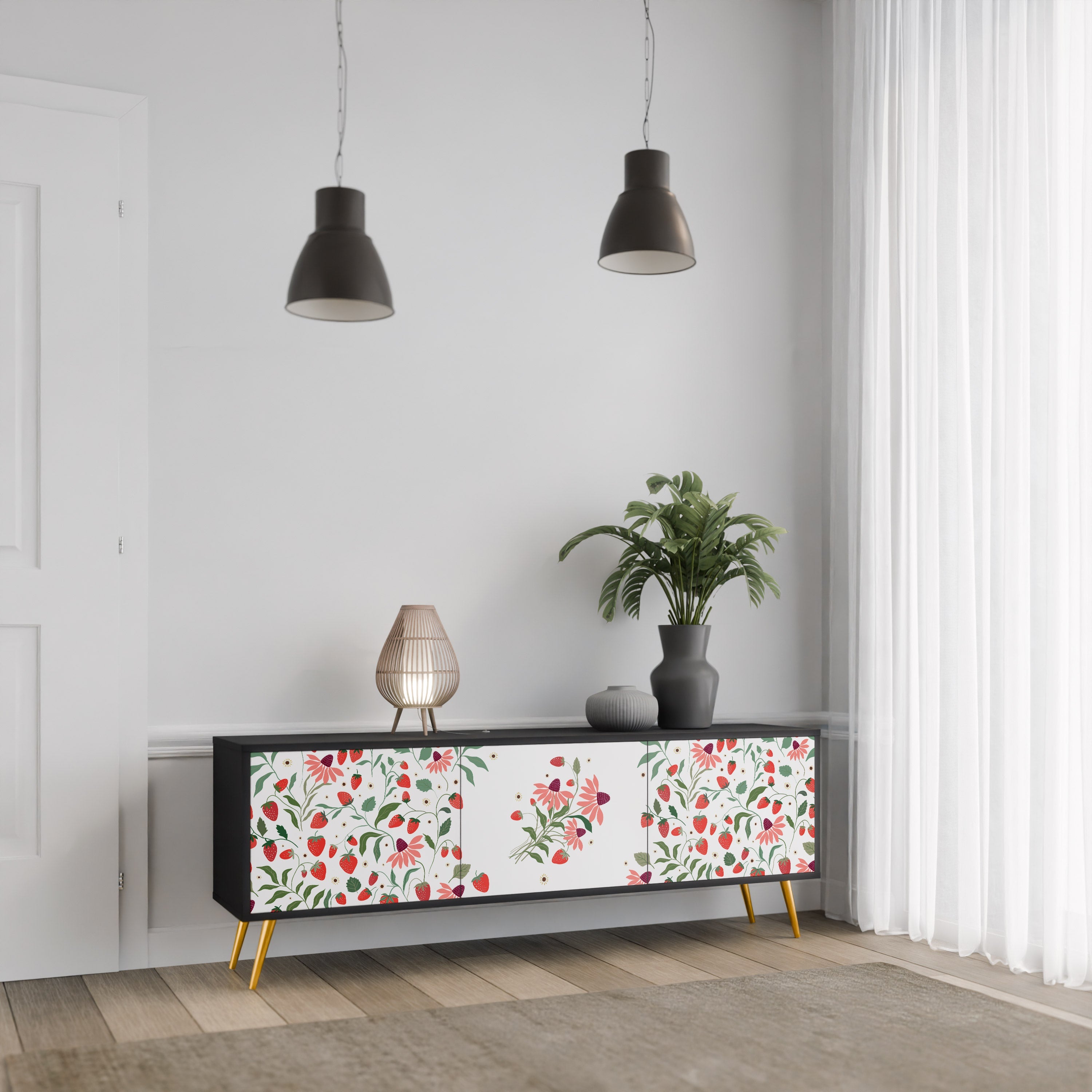 FLOWERS AND STRAWBERRIES 3-Door TV Stand in Black Finish