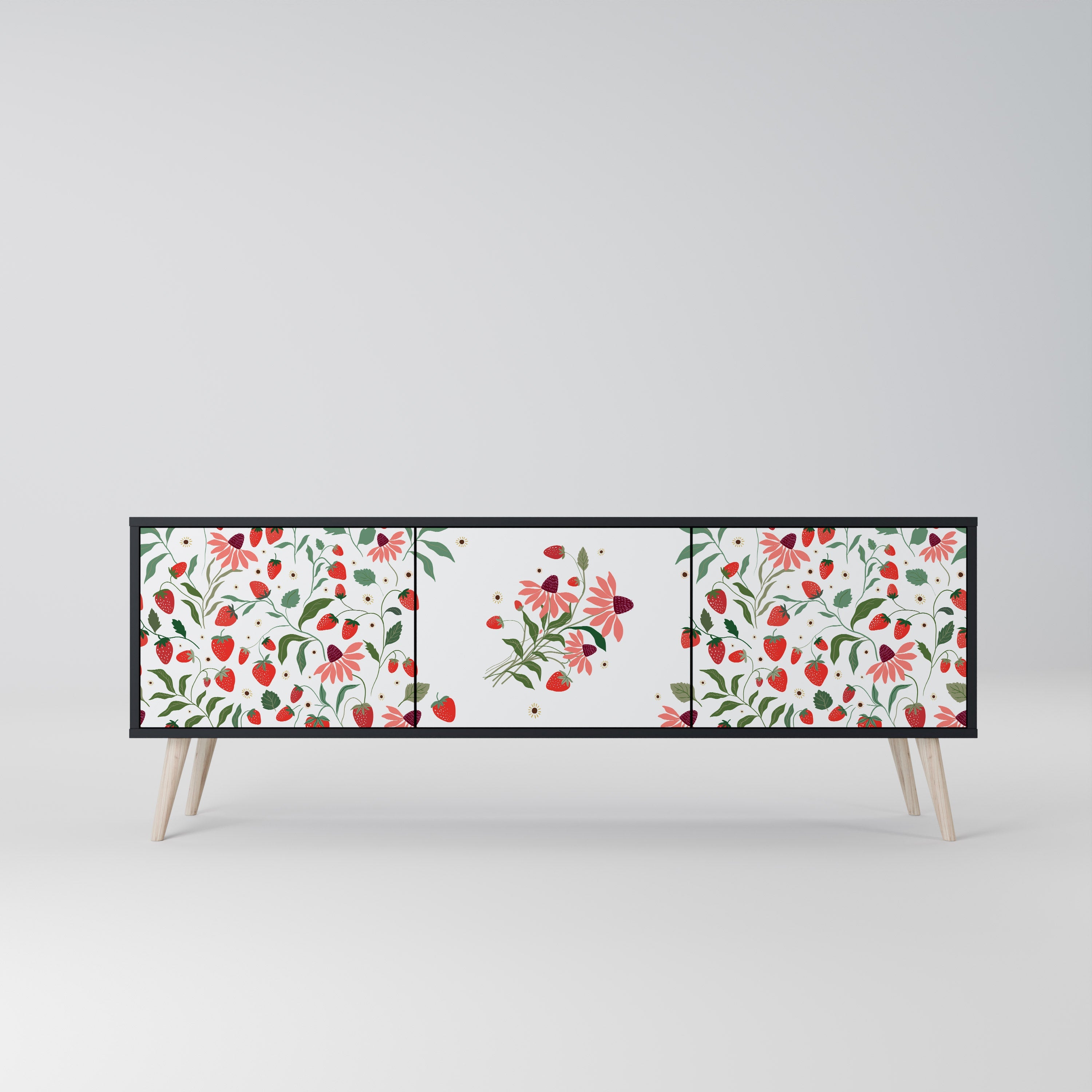 FLOWERS AND STRAWBERRIES 3-Door TV Stand in Black Finish
