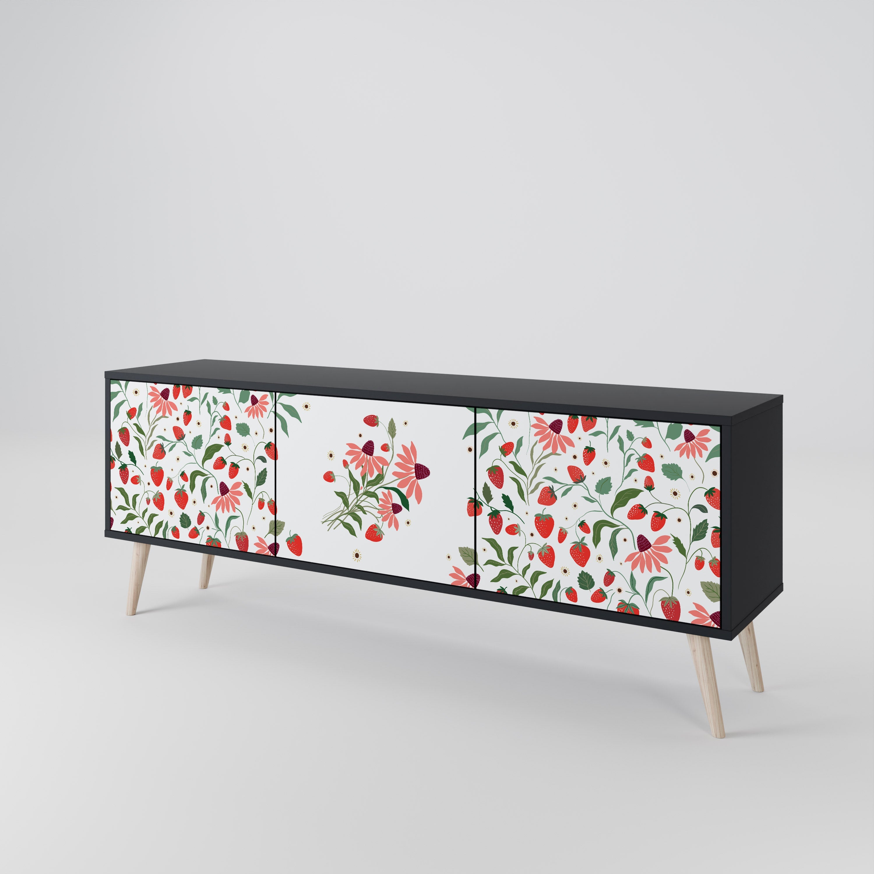 FLOWERS AND STRAWBERRIES 3-Door TV Stand in Black Finish