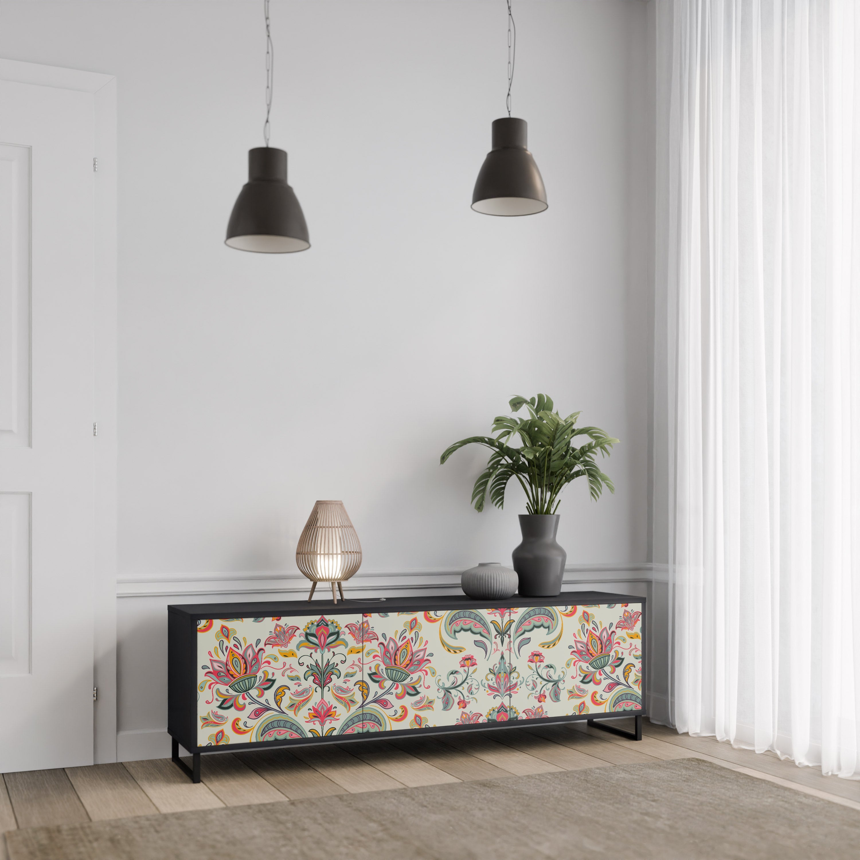 ORGANIC FOLKLORE Móvel de TV com 3 Portas em Acabamento Preto