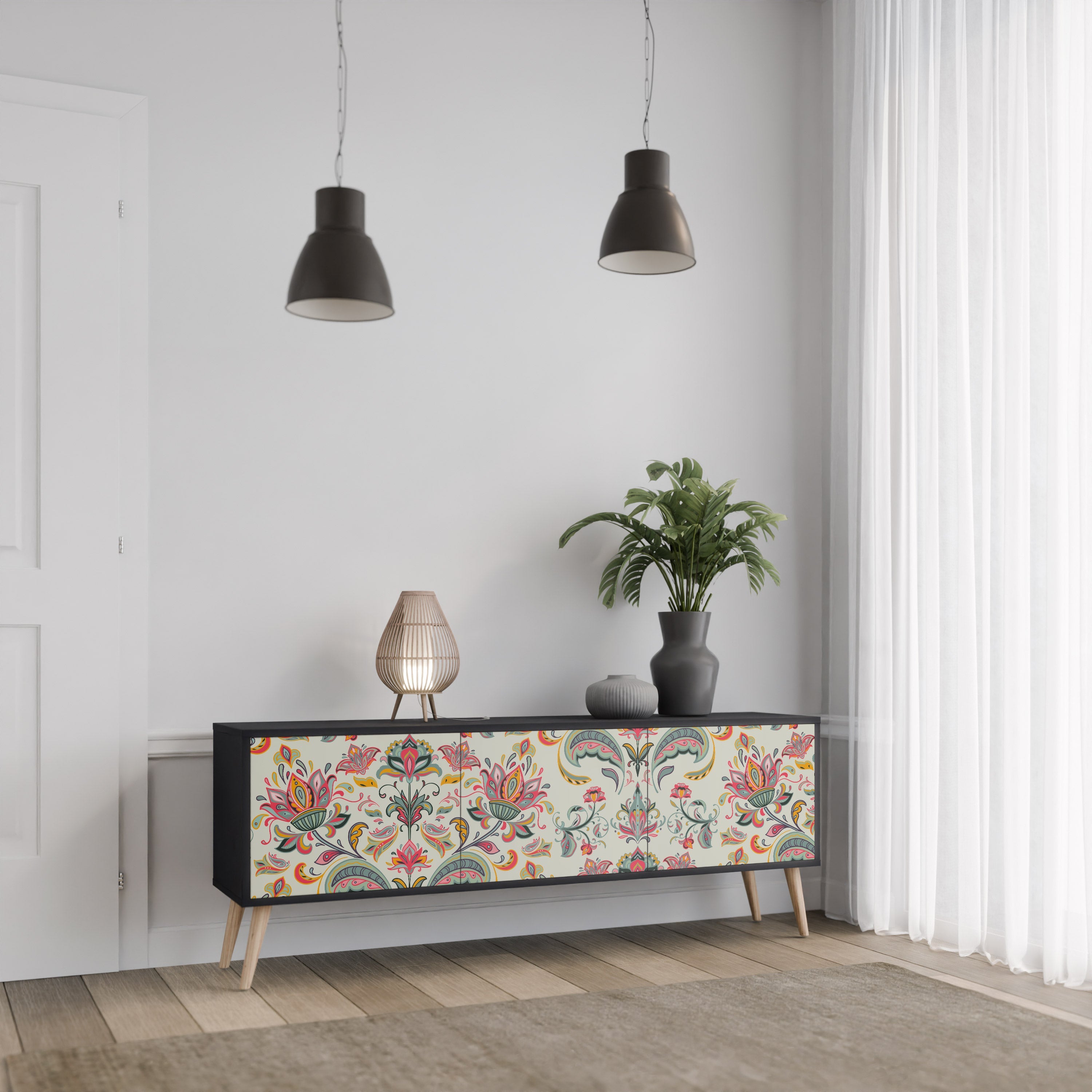 ORGANIC FOLKLORE Móvel de TV com 3 Portas em Acabamento Preto