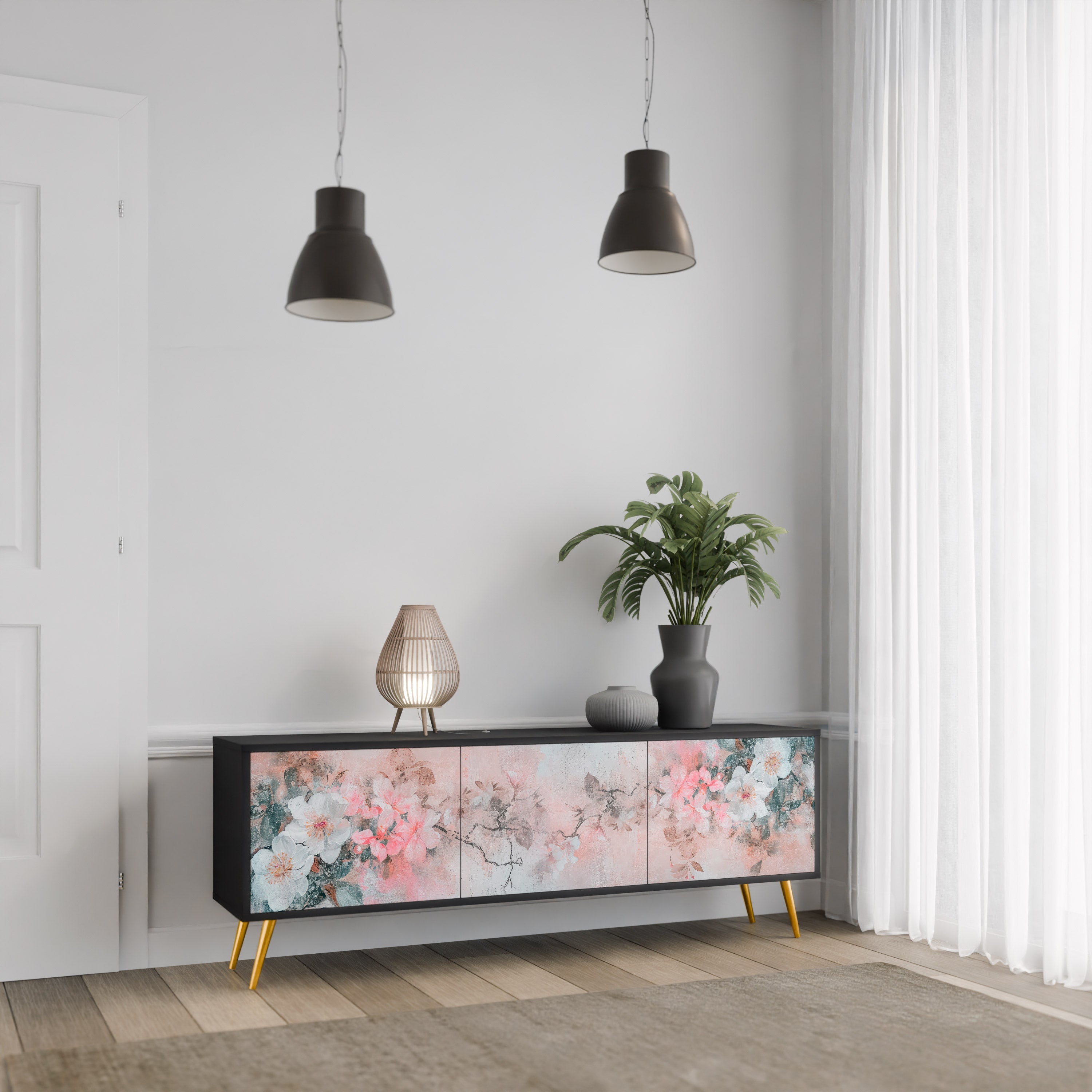 CHERRY BLOSSOM 3-Door TV Stand in Black Finish