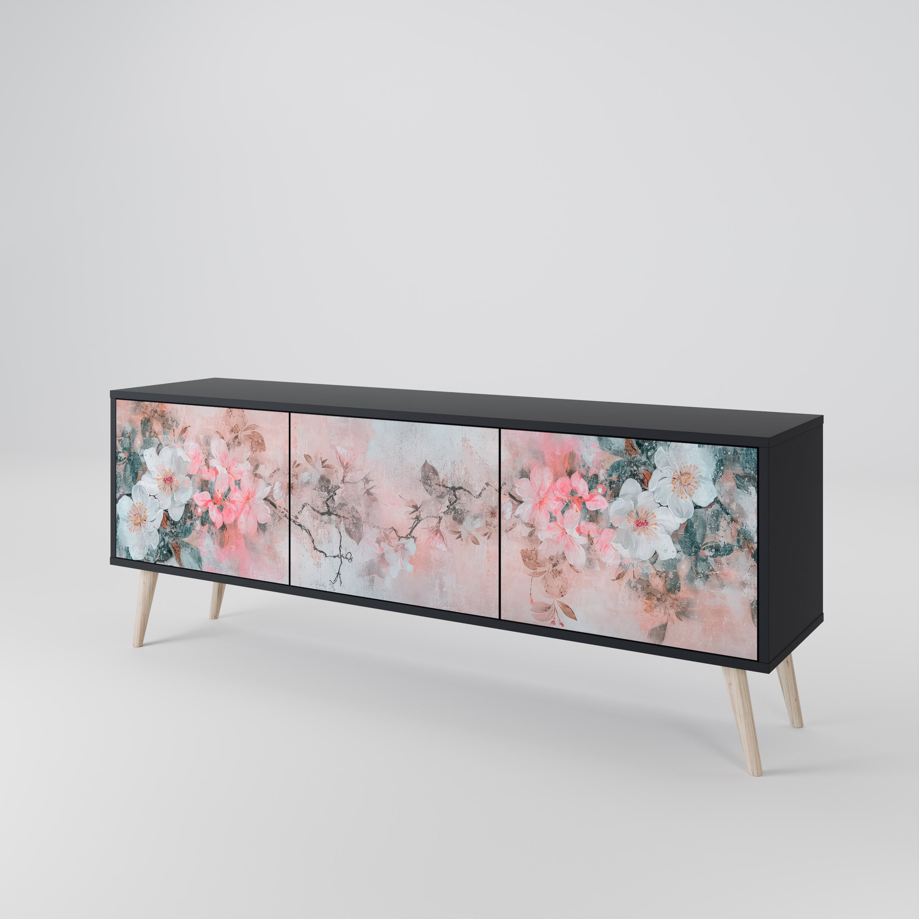 CHERRY BLOSSOM 3-Door TV Stand in Black Finish