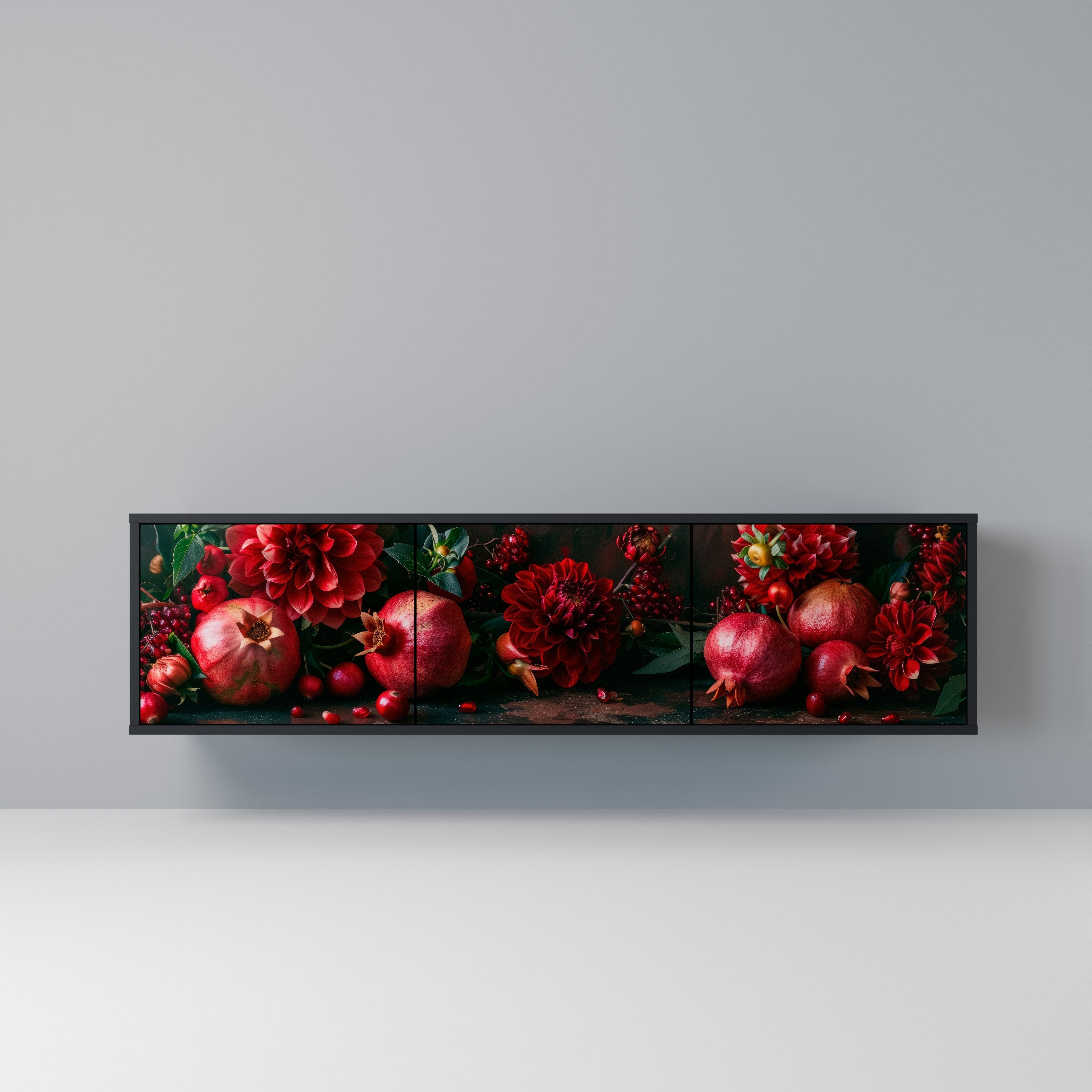 DAHLIAS AND POMEGRANATES 3-Door TV Stand in Black Finish