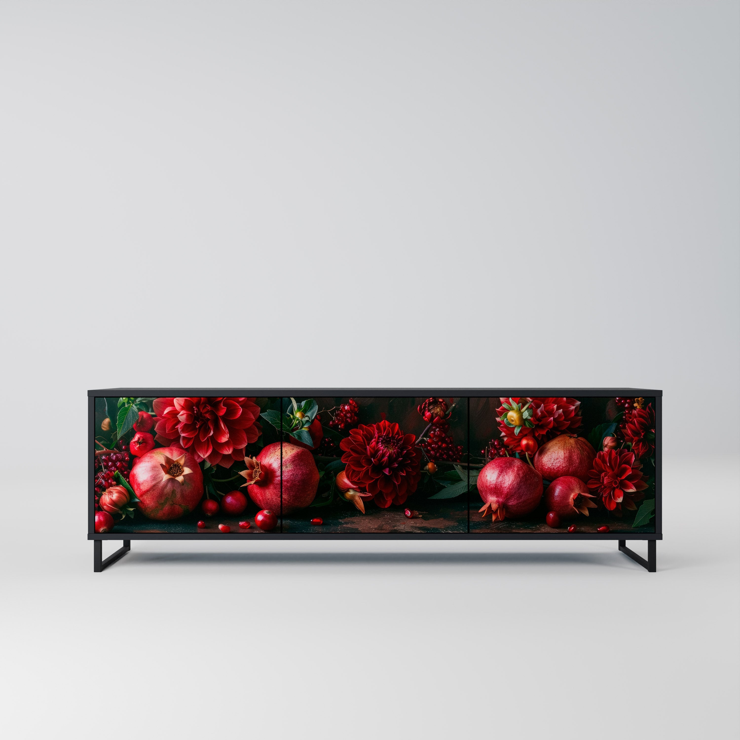 DAHLIAS AND POMEGRANATES 3-Door TV Stand in Black Finish