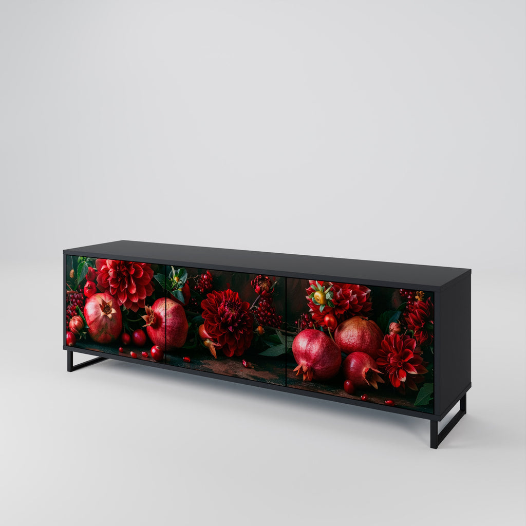 DAHLIAS AND POMEGRANATES 3-Door TV Stand in Black Finish