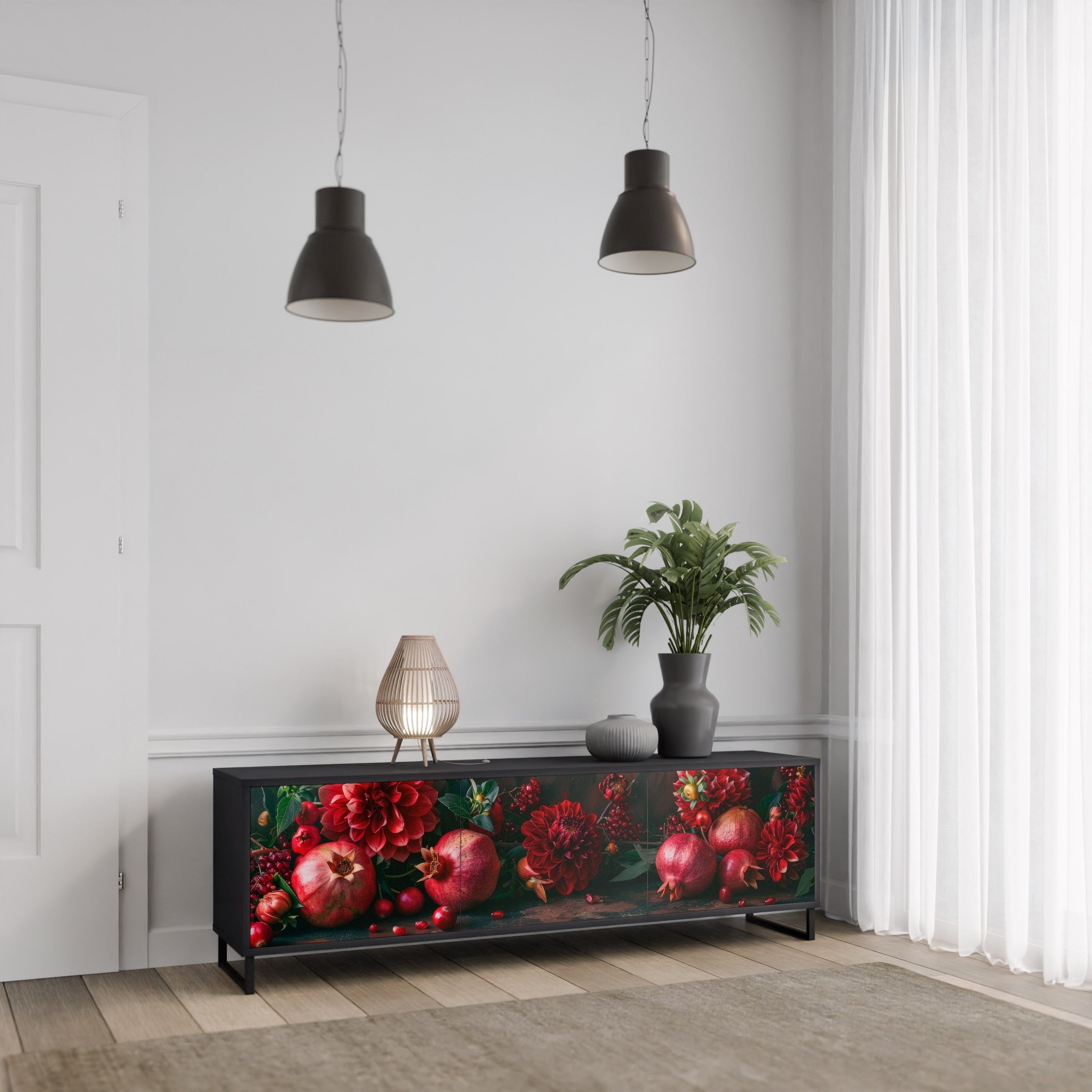 DAHLIAS AND POMEGRANATES 3-Door TV Stand in Black Finish