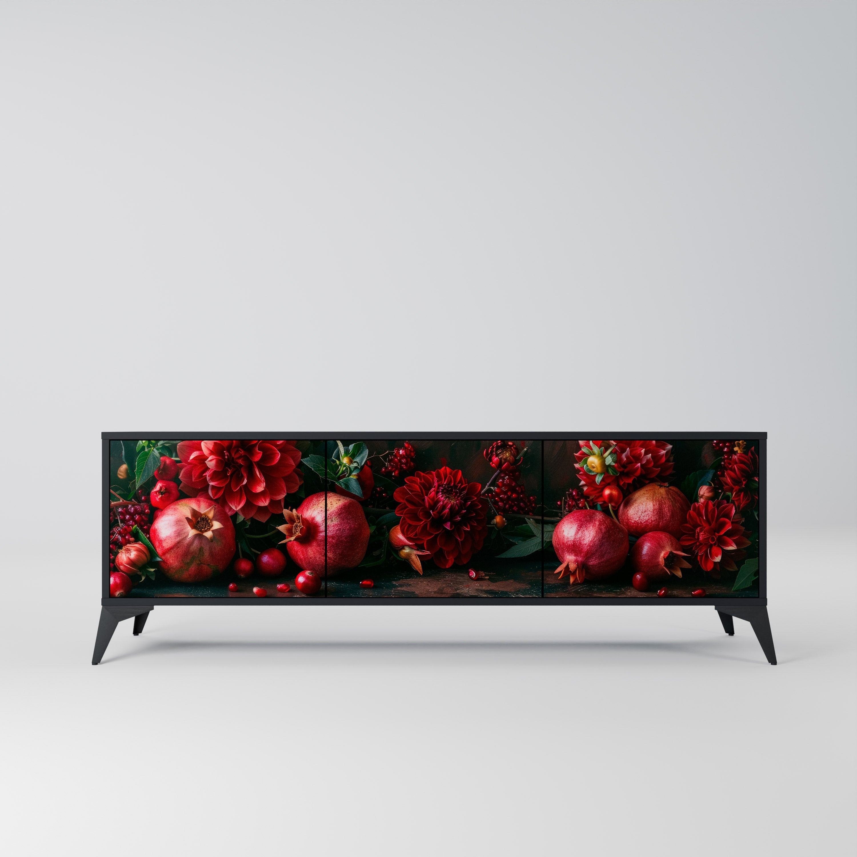 DAHLIAS AND POMEGRANATES 3-Door TV Stand in Black Finish
