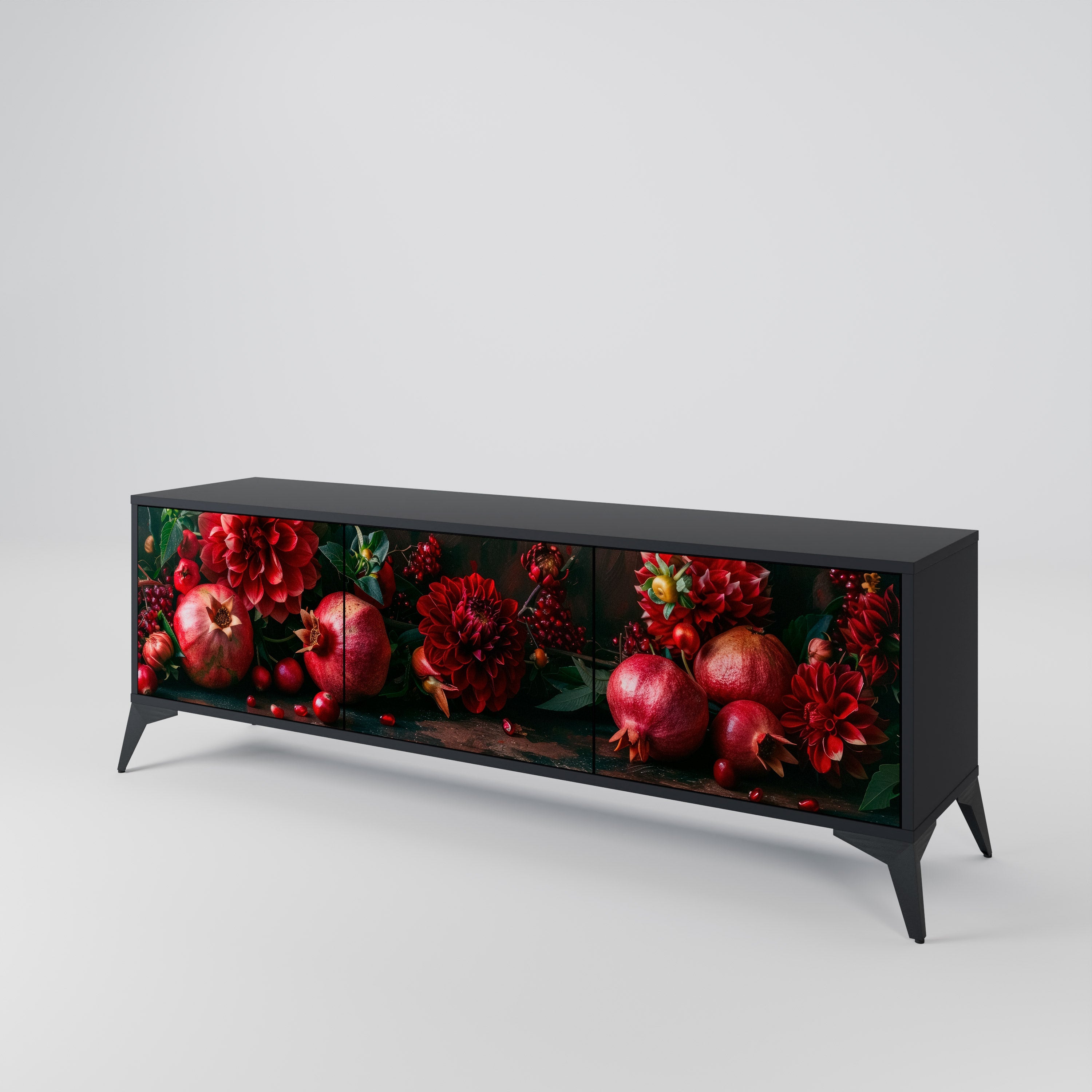 DAHLIAS AND POMEGRANATES 3-Door TV Stand in Black Finish