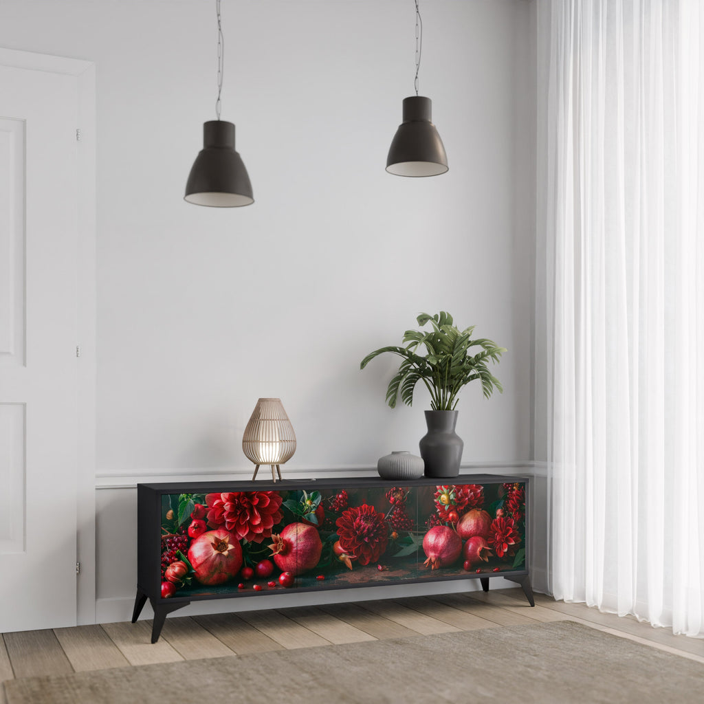 DAHLIAS AND POMEGRANATES 3-Door TV Stand in Black Finish