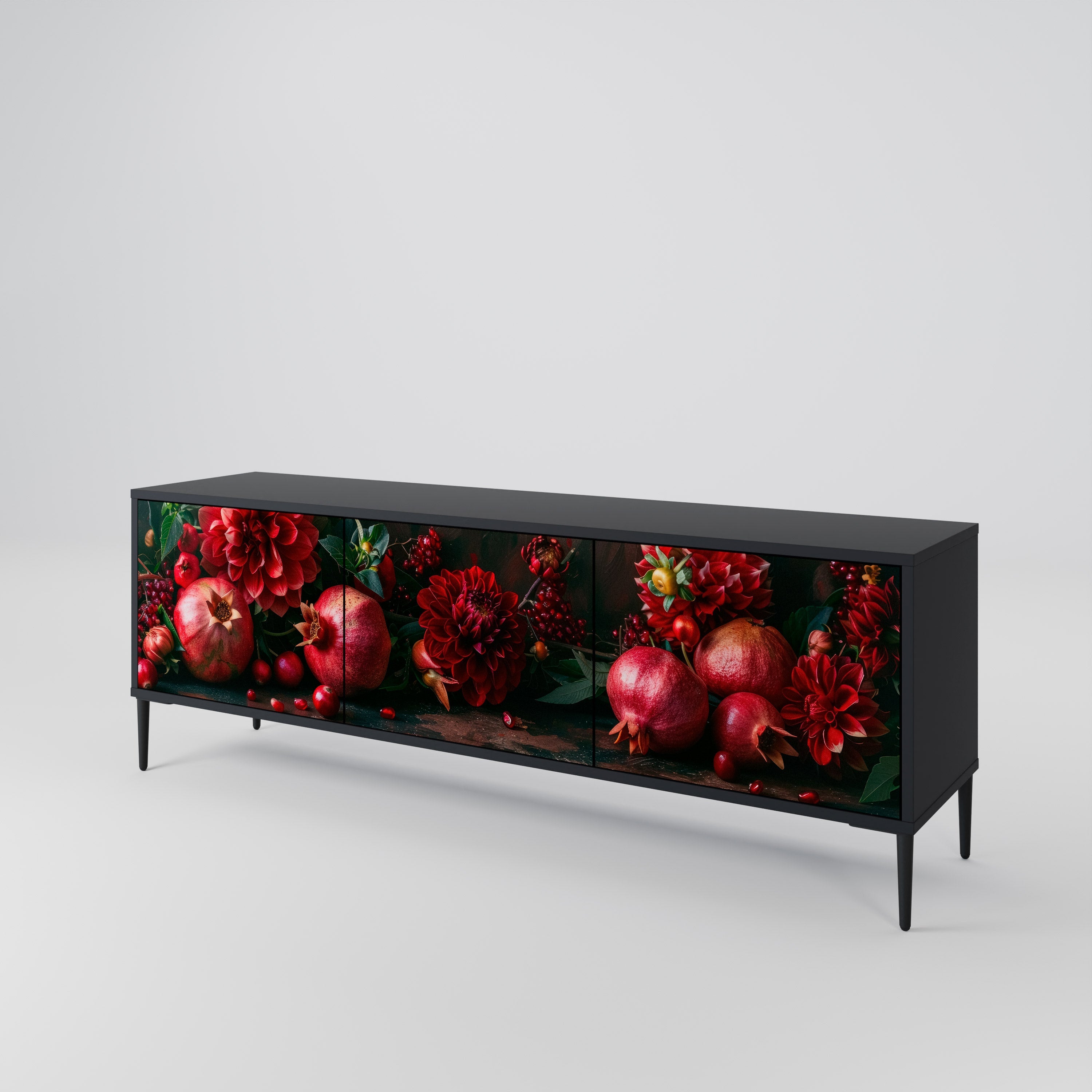 DAHLIAS AND POMEGRANATES 3-Door TV Stand in Black Finish