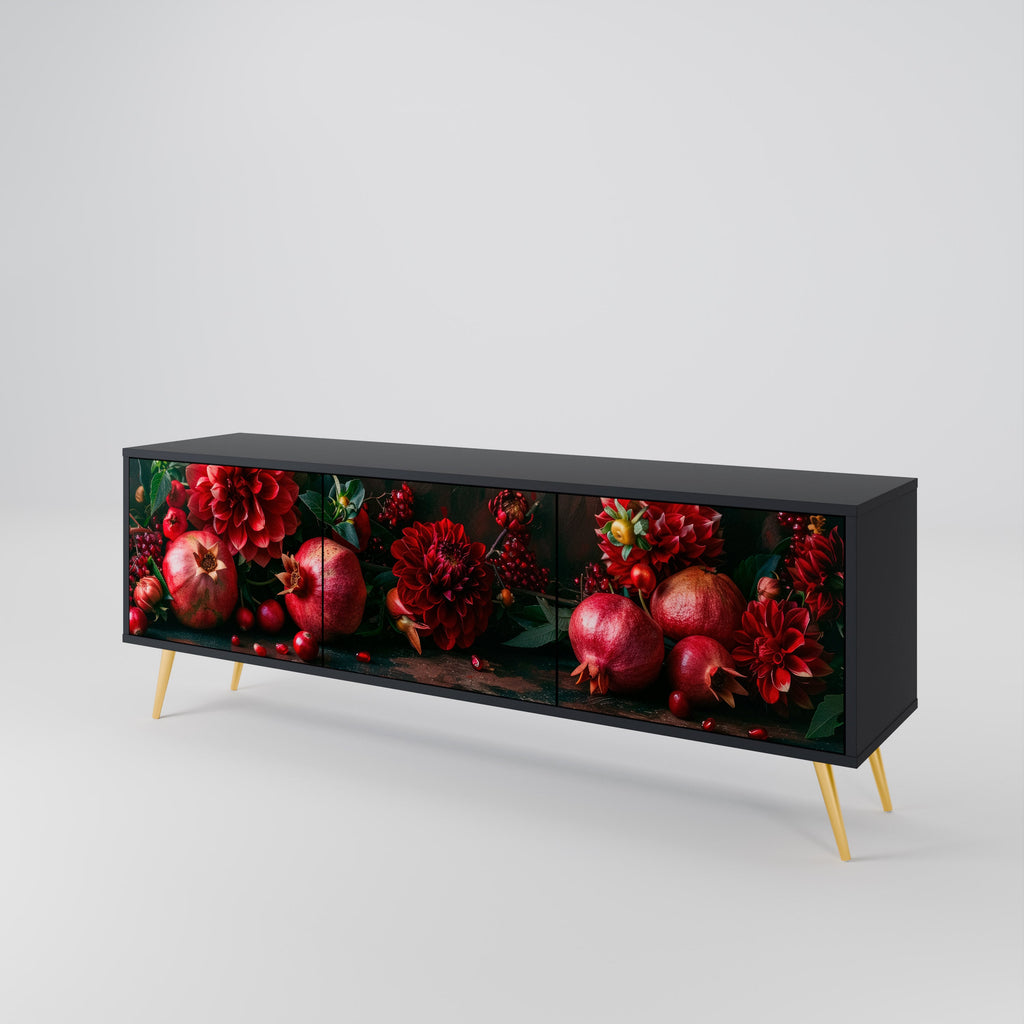 DAHLIAS AND POMEGRANATES 3-Door TV Stand in Black Finish