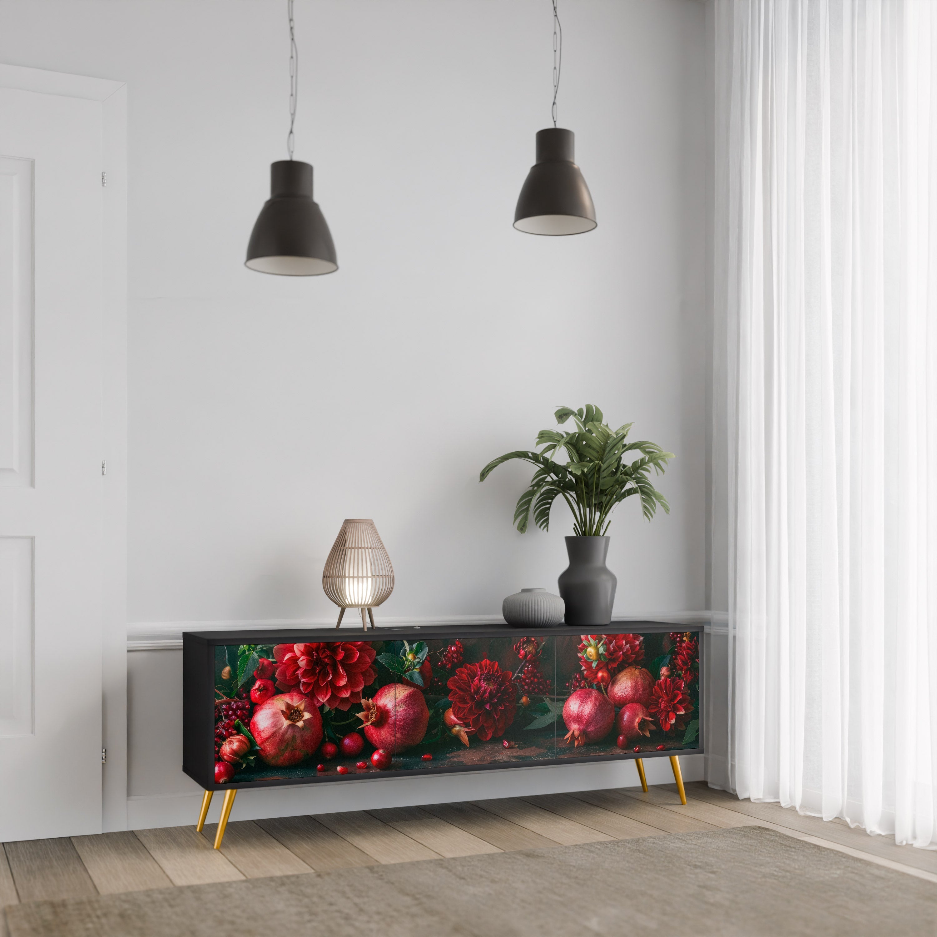 DAHLIAS AND POMEGRANATES 3-Door TV Stand in Black Finish