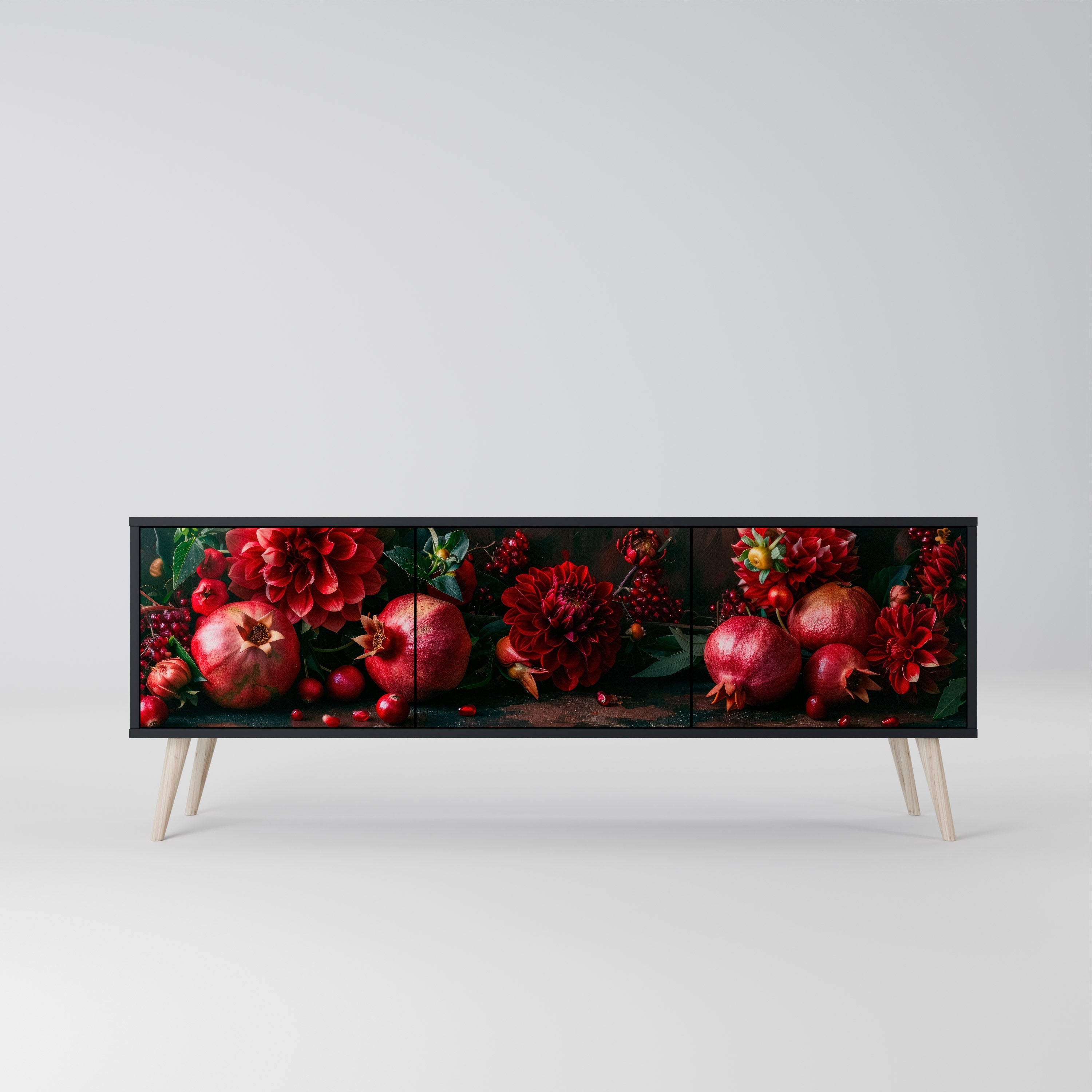 DAHLIAS AND POMEGRANATES 3-Door TV Stand in Black Finish