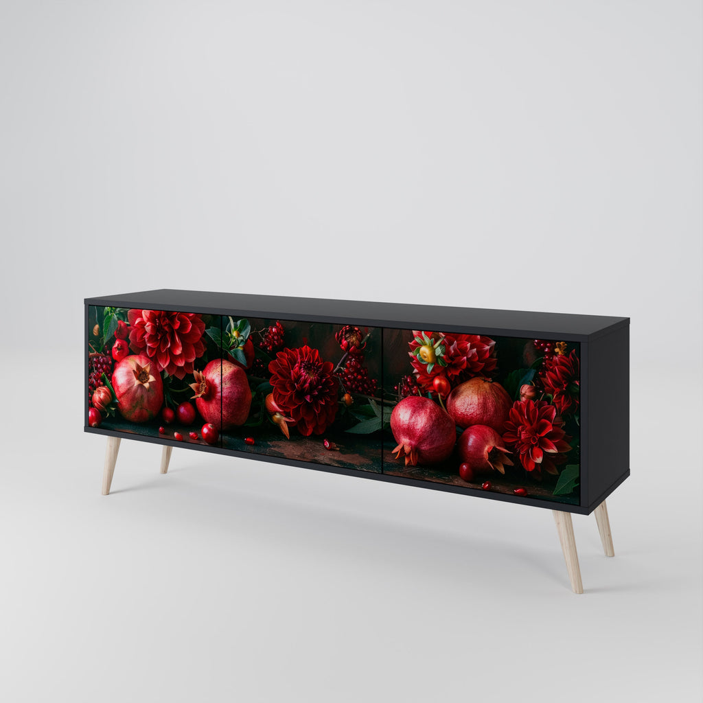 DAHLIAS AND POMEGRANATES 3-Door TV Stand in Black Finish