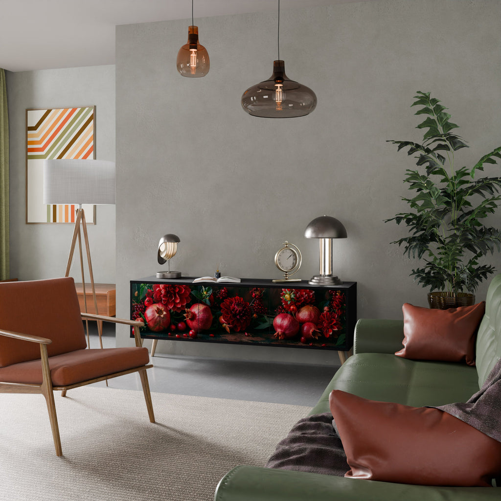 DAHLIAS AND POMEGRANATES 3-Door TV Stand in Black Finish