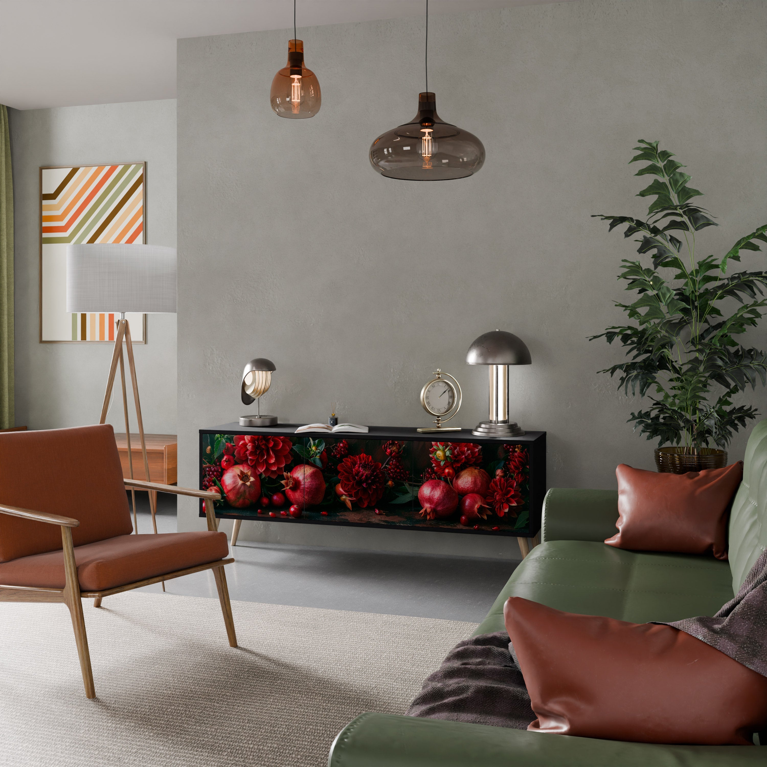 DAHLIAS AND POMEGRANATES 3-Door TV Stand in Black Finish