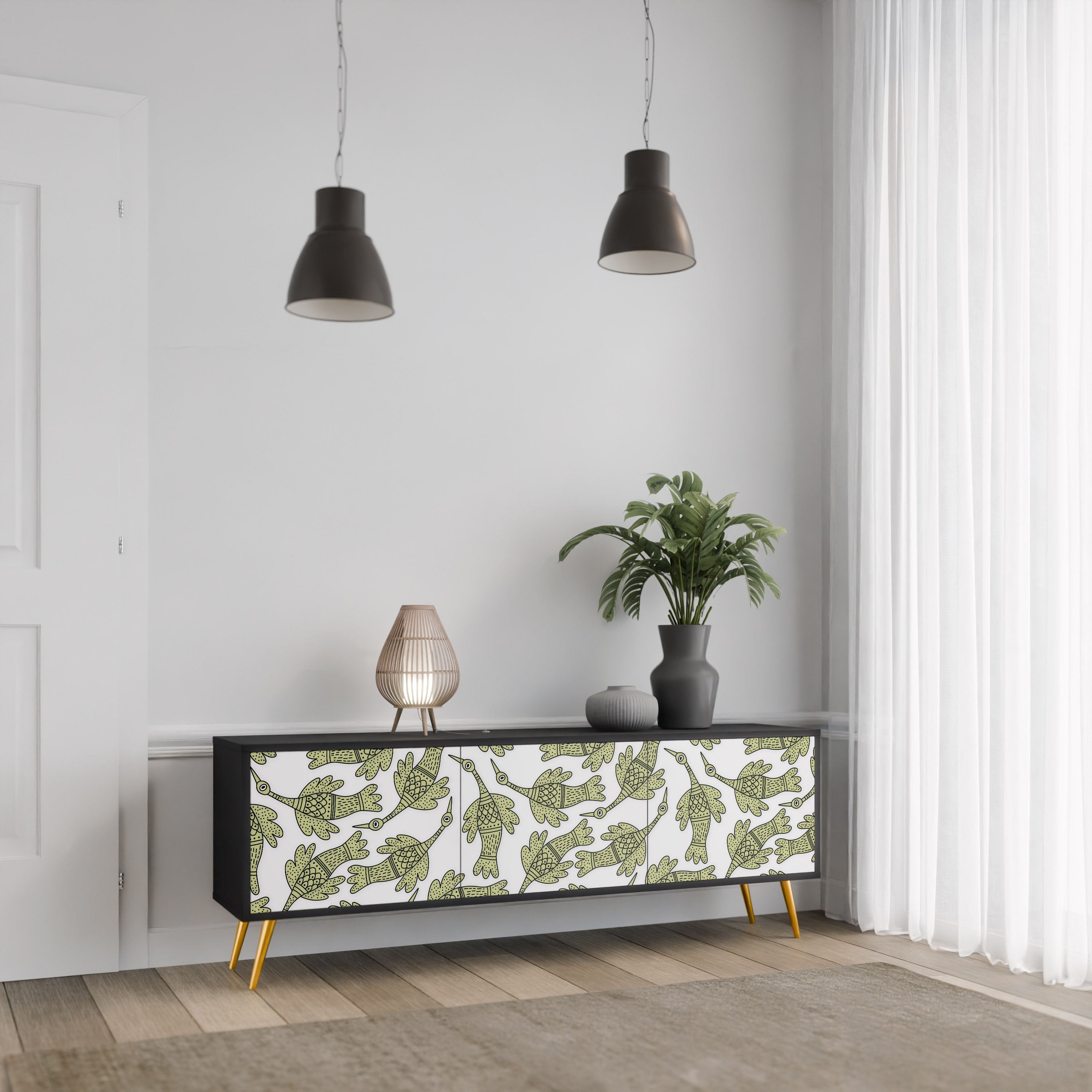 SEEDLING SONGBIRD 3-Door TV Stand in Black Finish