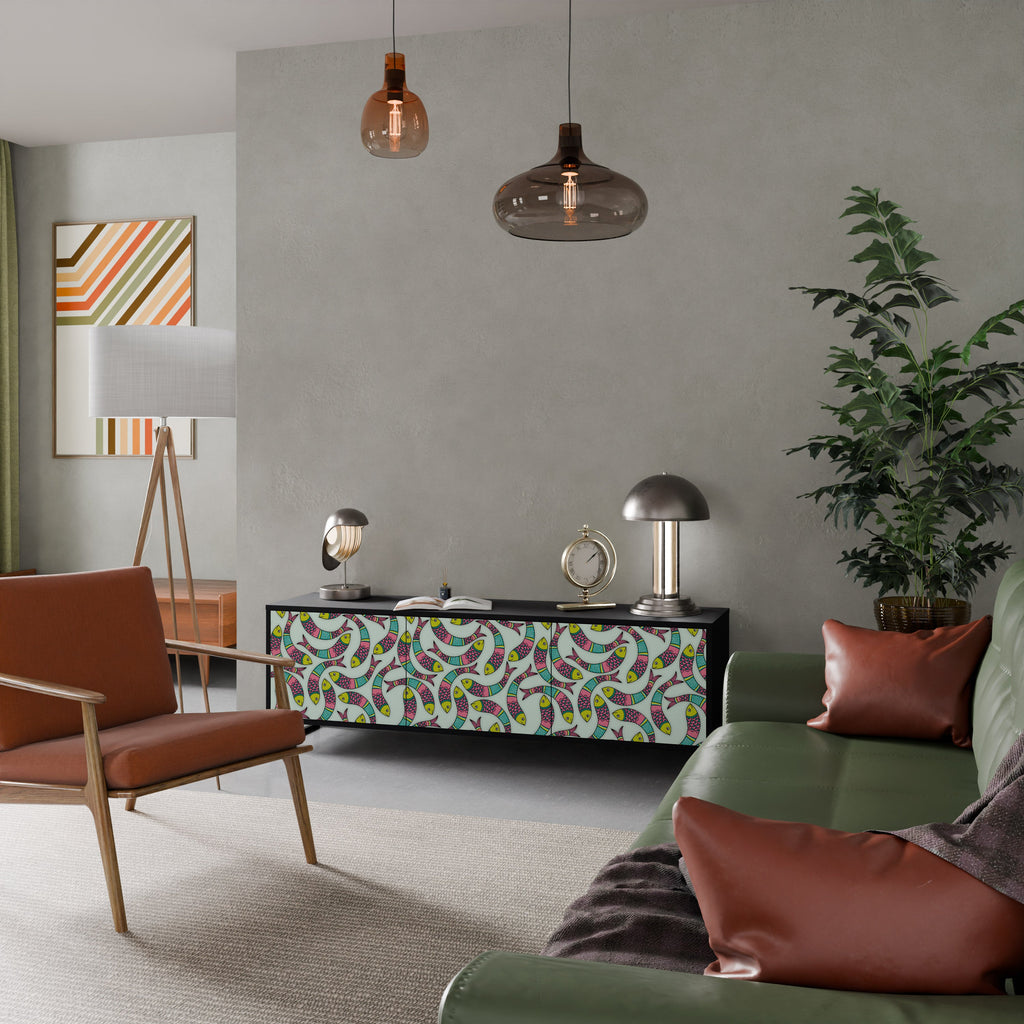 INDIAN FISH 3-Door TV Stand in Black Finish