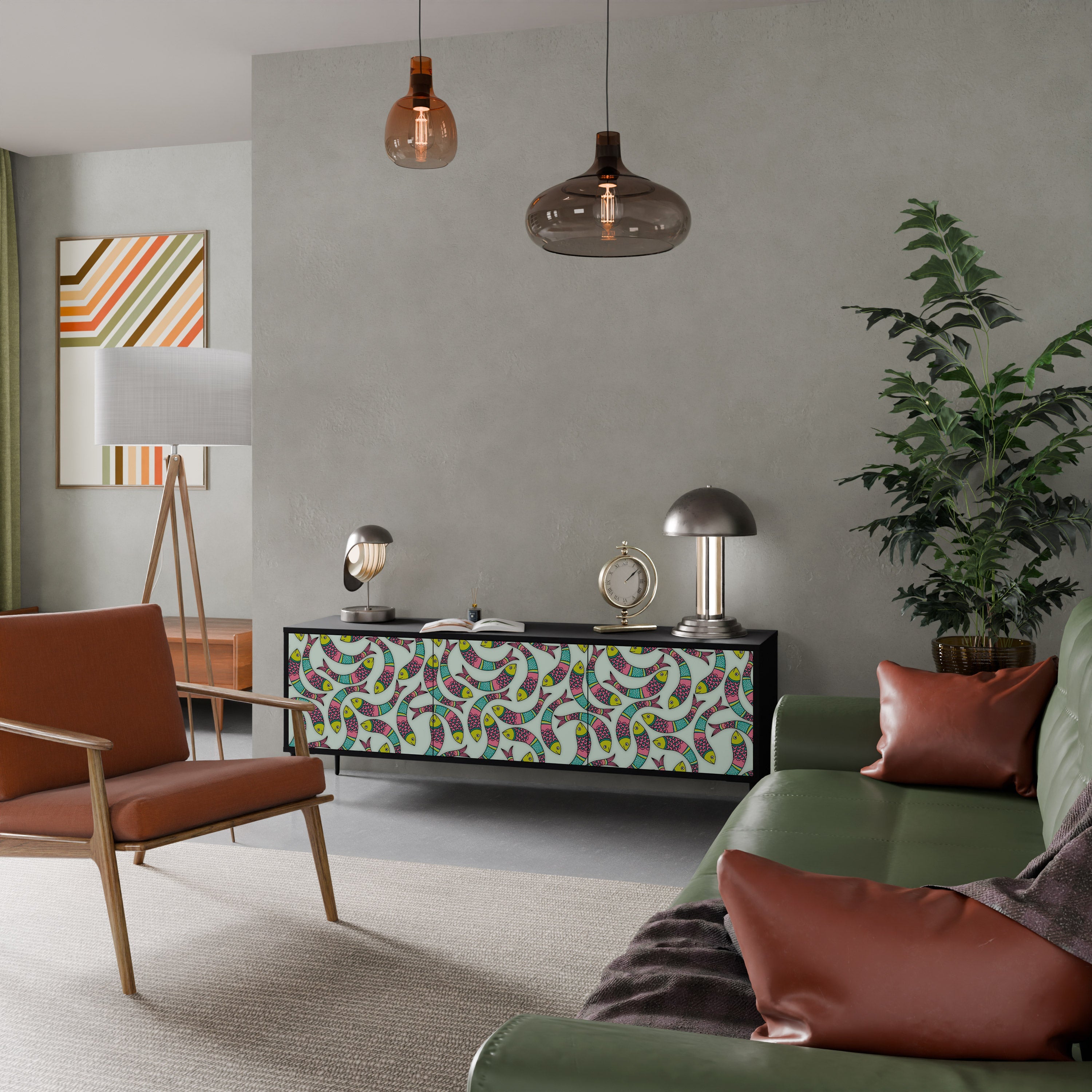 INDIAN FISH 3-Door TV Stand in Black Finish